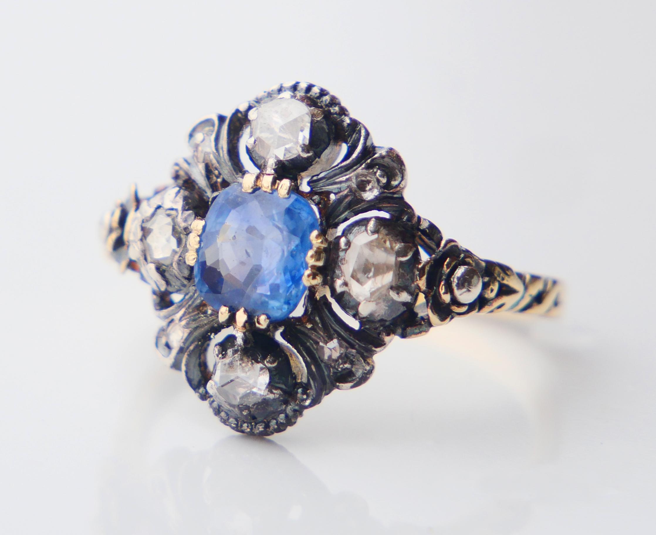Antique Ring natural 0.85ct Sapphire 0.8ctw Diamonds 18K Gold Silver Ø6.5US/4.3g For Sale 4