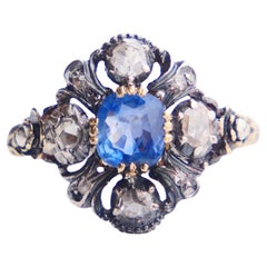Antique Ring natural 0.85ct Sapphire 0.8ctw Diamonds 18K Gold Silver Ø6.5US/4.3g