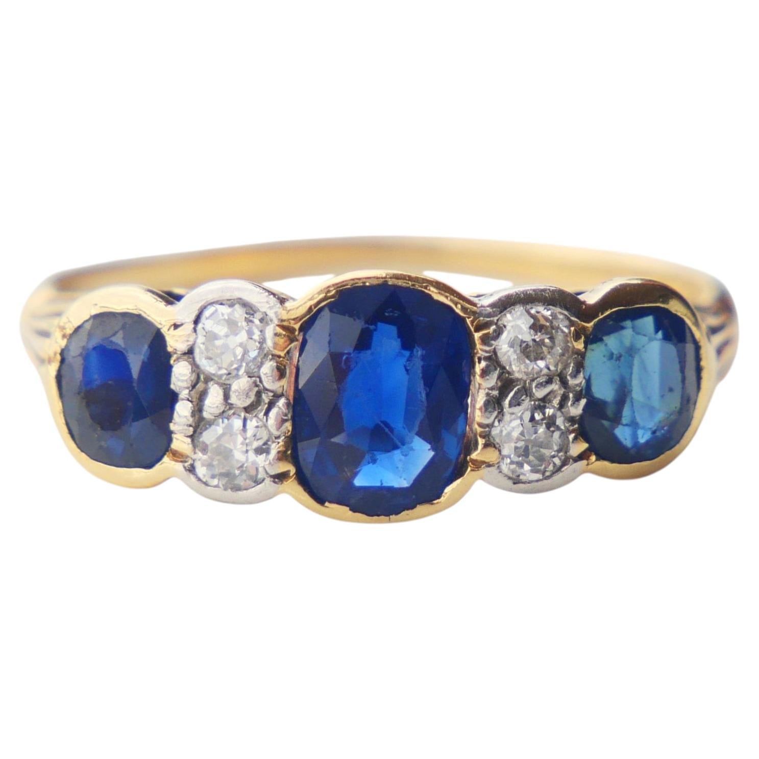 Antiker Ring mit einem natürlichen Saphir (1 Karat) und Diamanten, 18 Karat Gold und Platin, Größe US 4,75 / 2,2 g