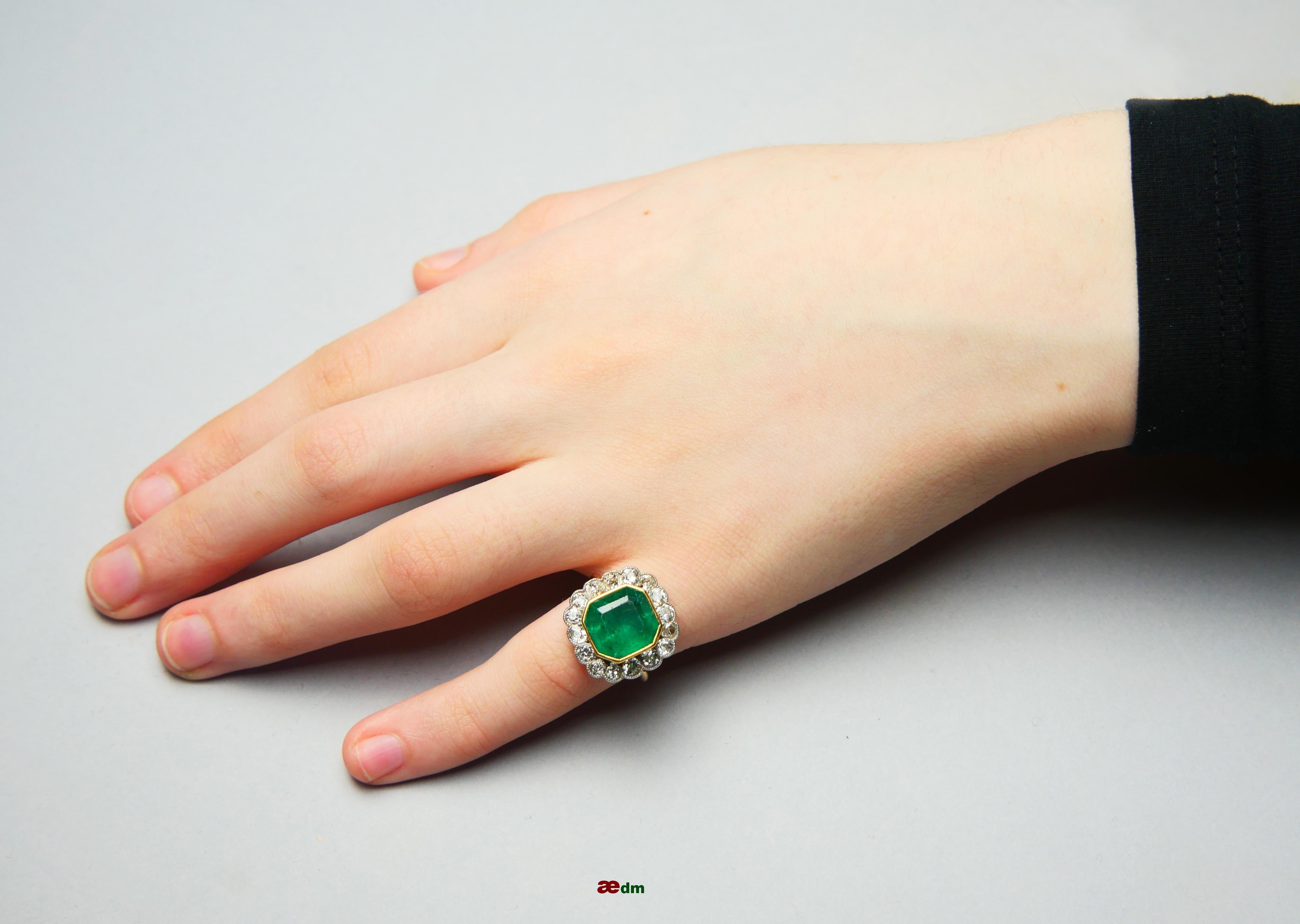 Antique Ring natural 10ct Emerald 1.28 ctw Diamonds solid 18K Gold ØUS4 / 6.3gr For Sale 5