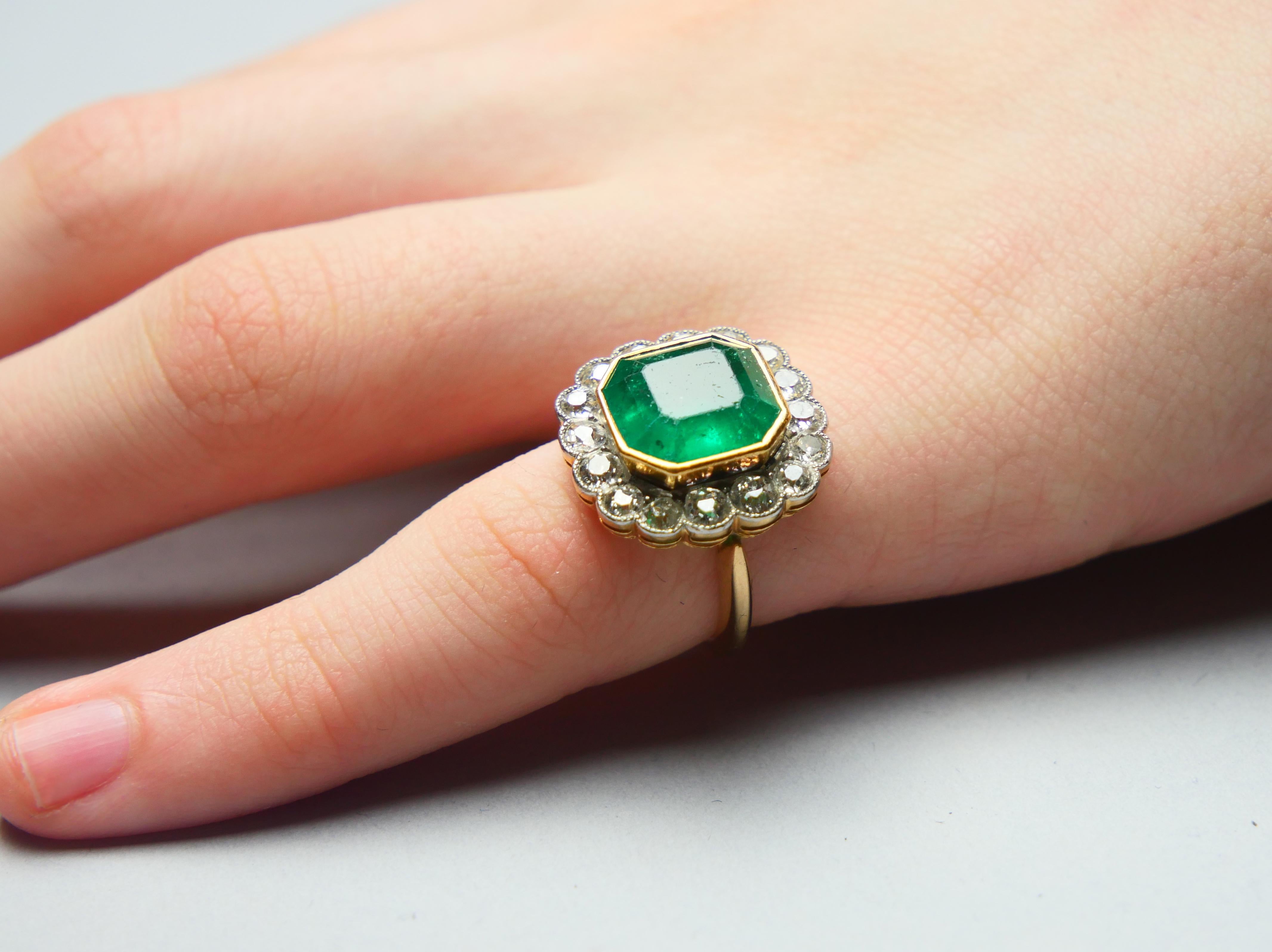 Antique Ring natural 10ct Emerald 1.28 ctw Diamonds solid 18K Gold ØUS4 / 6.3gr For Sale 6
