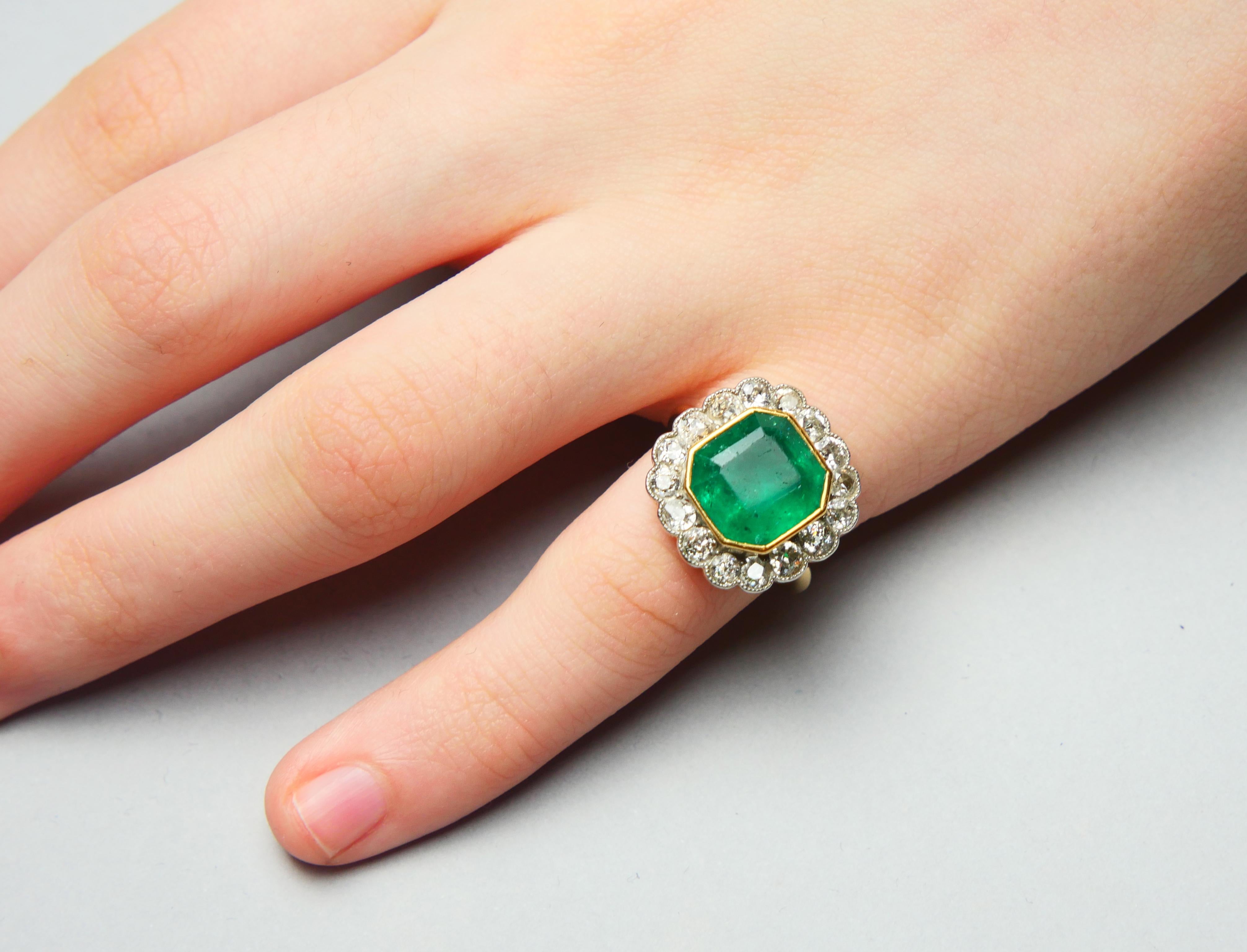Antique Ring natural 10ct Emerald 1.28 ctw Diamonds solid 18K Gold ØUS4 / 6.3gr For Sale 7