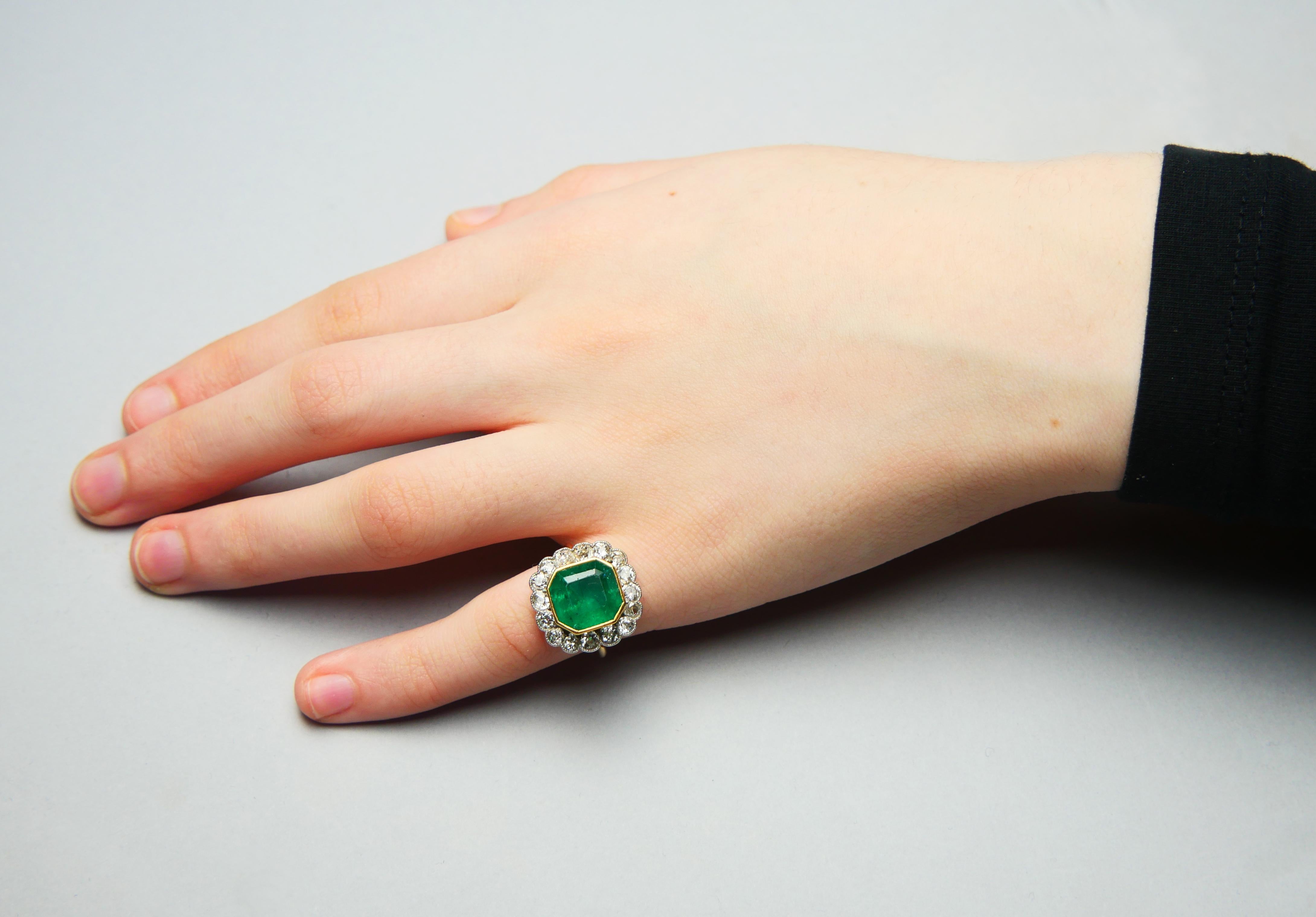 Antique Ring natural 10ct Emerald 1.28 ctw Diamonds solid 18K Gold ØUS4 / 6.3gr For Sale 8