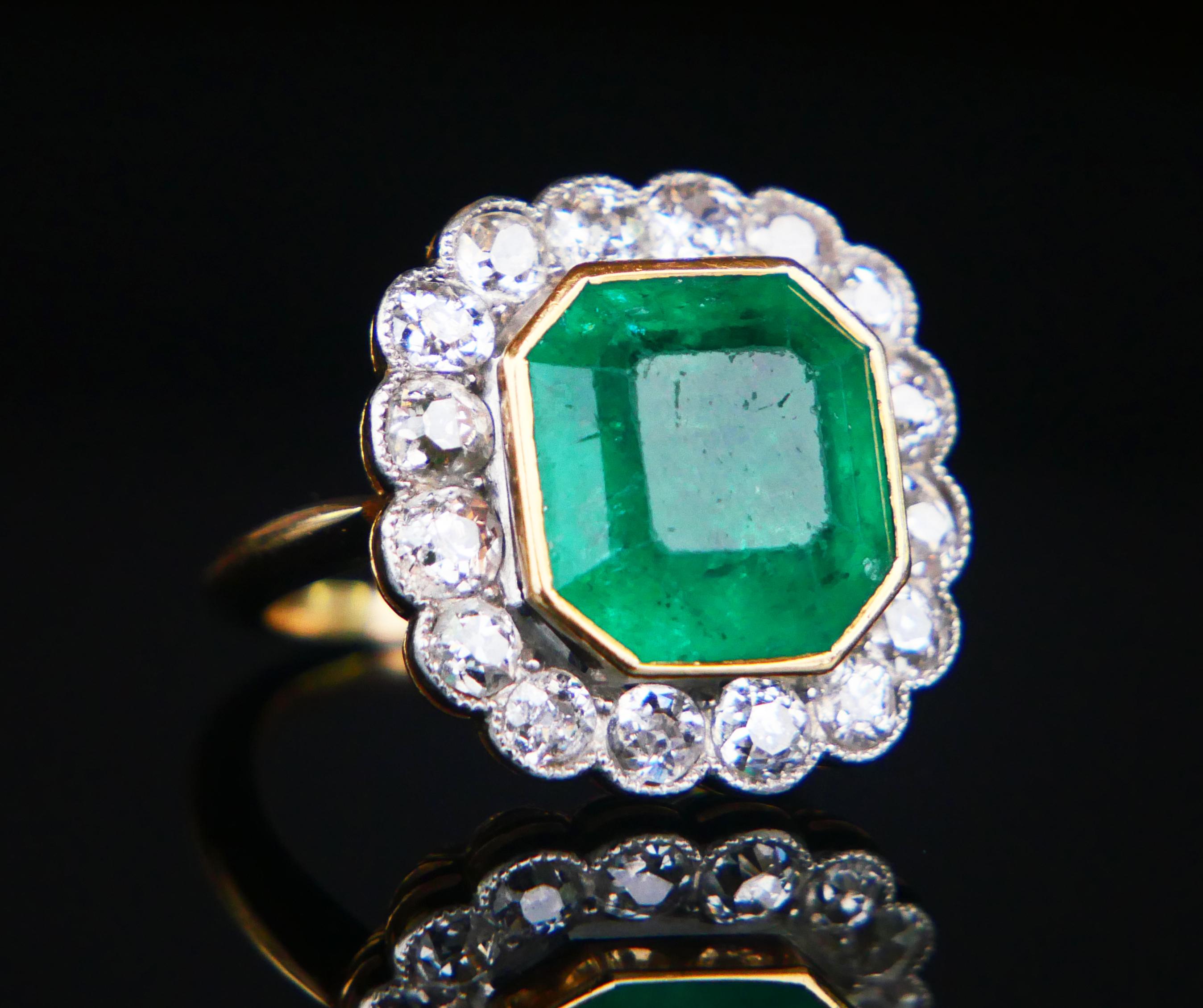 Antique Ring natural 10ct Emerald 1.28 ctw Diamonds solid 18K Gold ØUS4 / 6.3gr For Sale 9
