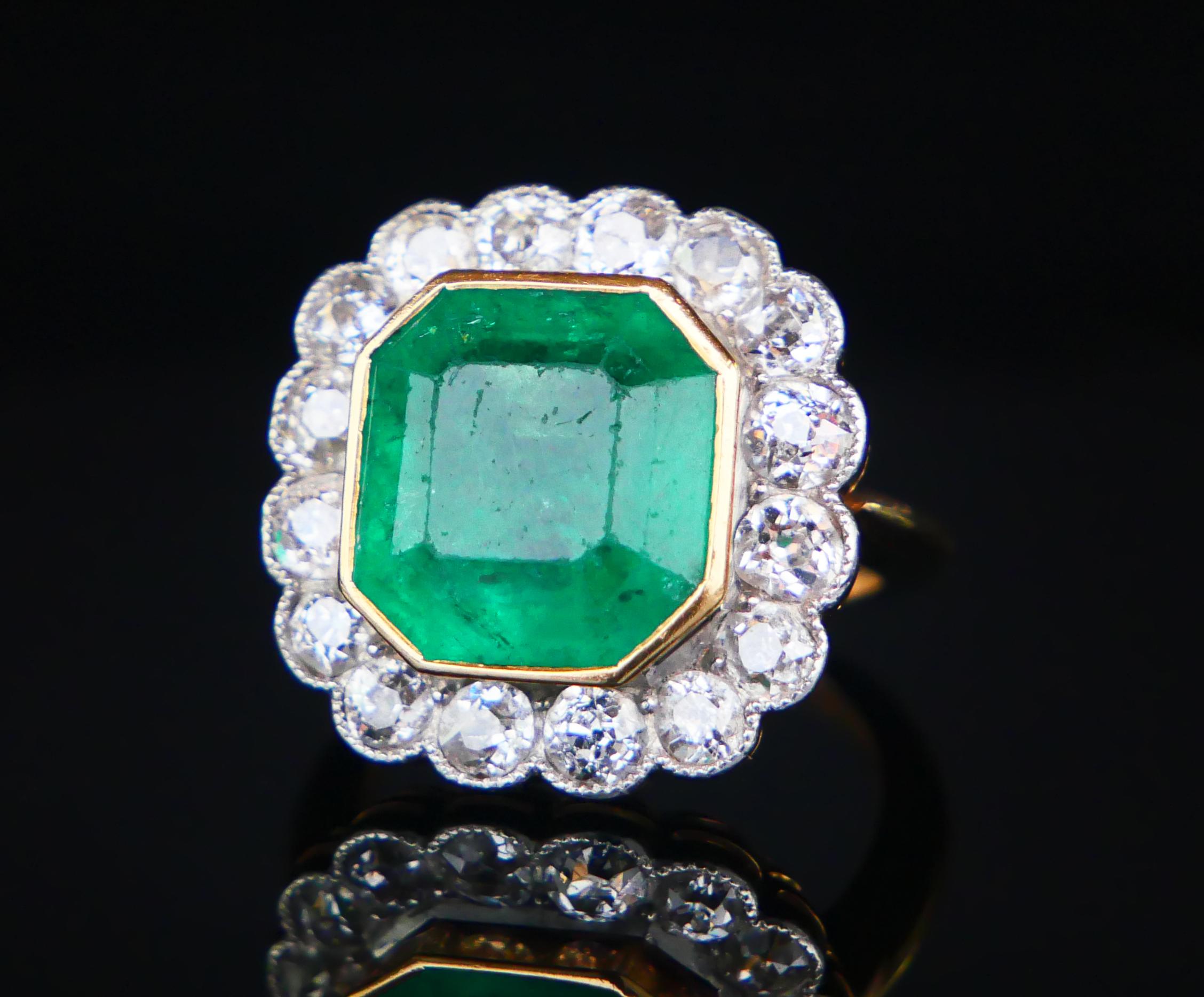 Antique Ring natural 10ct Emerald 1.28 ctw Diamonds solid 18K Gold ØUS4 / 6.3gr For Sale 11