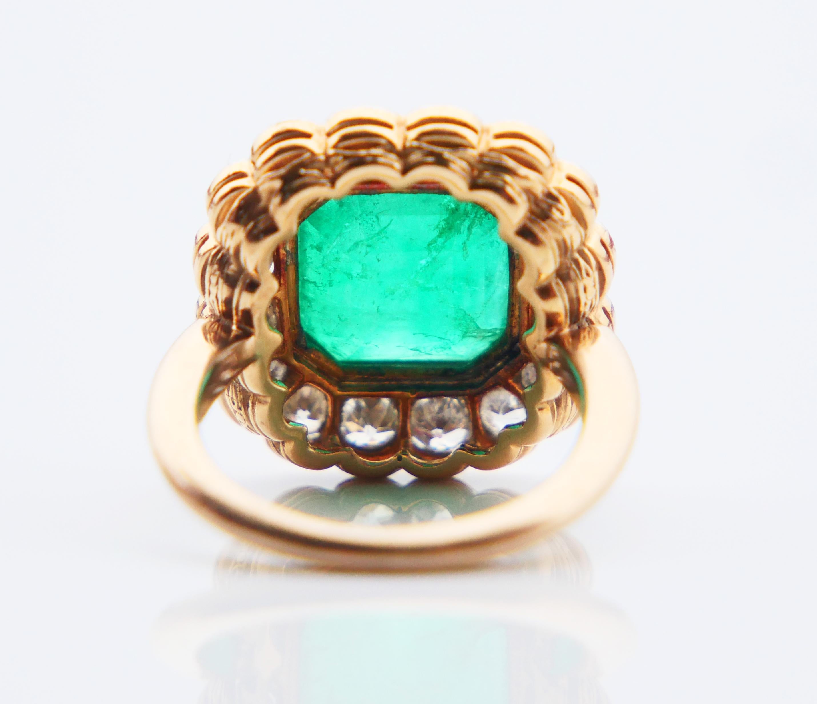 Emerald Cut Antique Ring natural 10ct Emerald 1.28 ctw Diamonds solid 18K Gold ØUS4 / 6.3gr For Sale