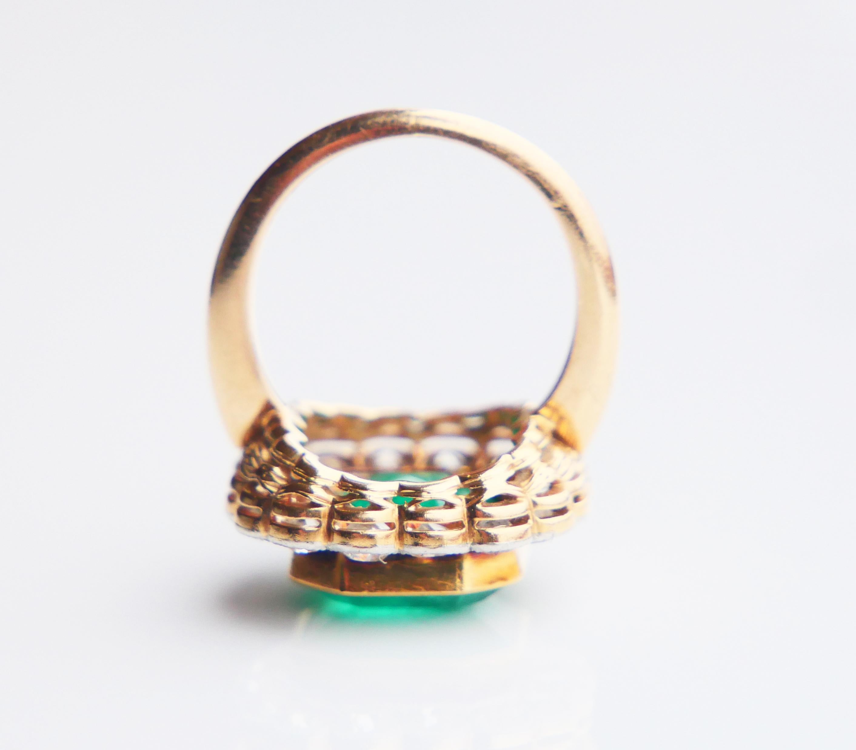 Women's Antique Ring natural 10ct Emerald 1.28 ctw Diamonds solid 18K Gold ØUS4 / 6.3gr For Sale