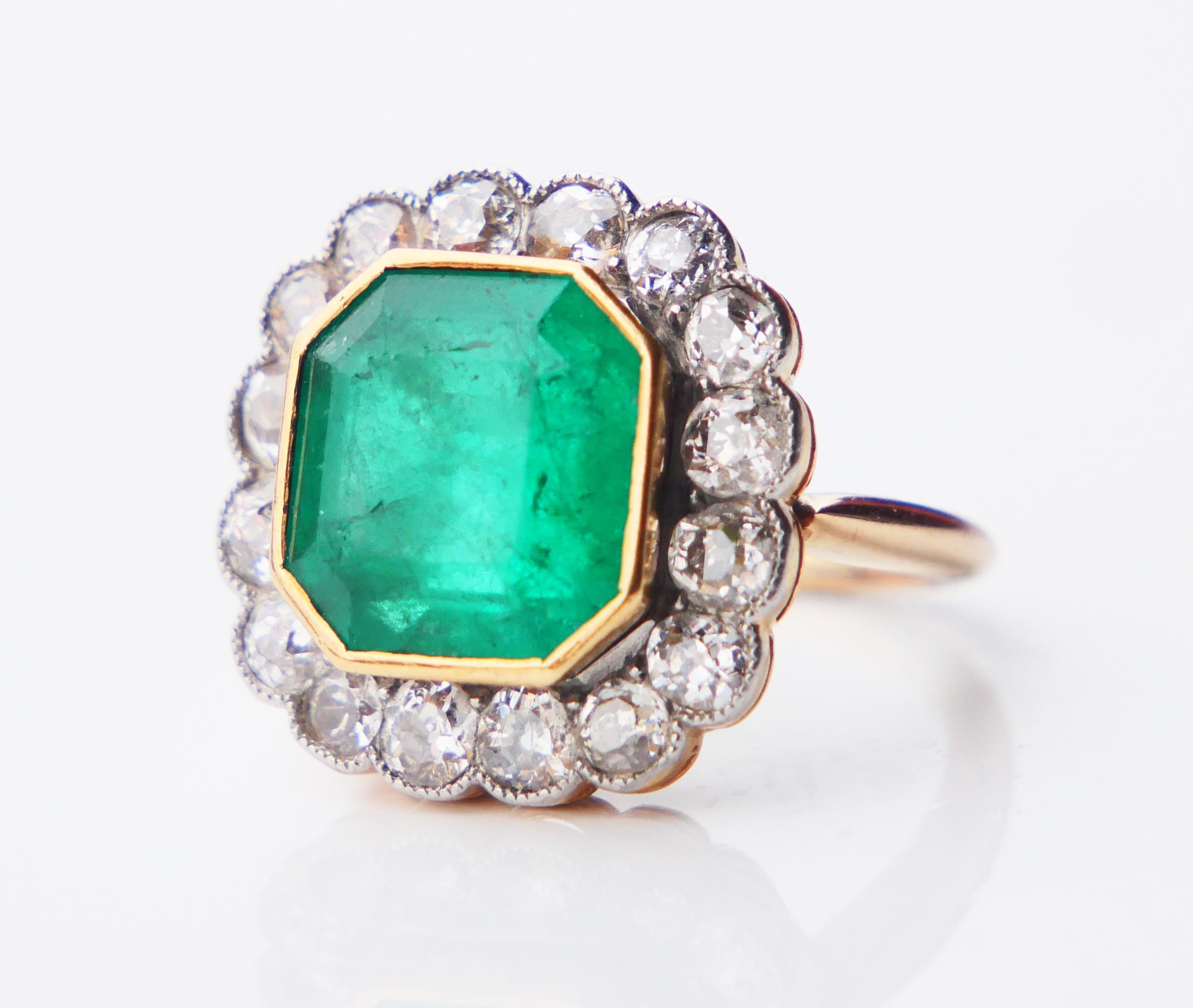 Antique Ring natural 10ct Emerald 1.28 ctw Diamonds solid 18K Gold ØUS4 / 6.3gr For Sale 1
