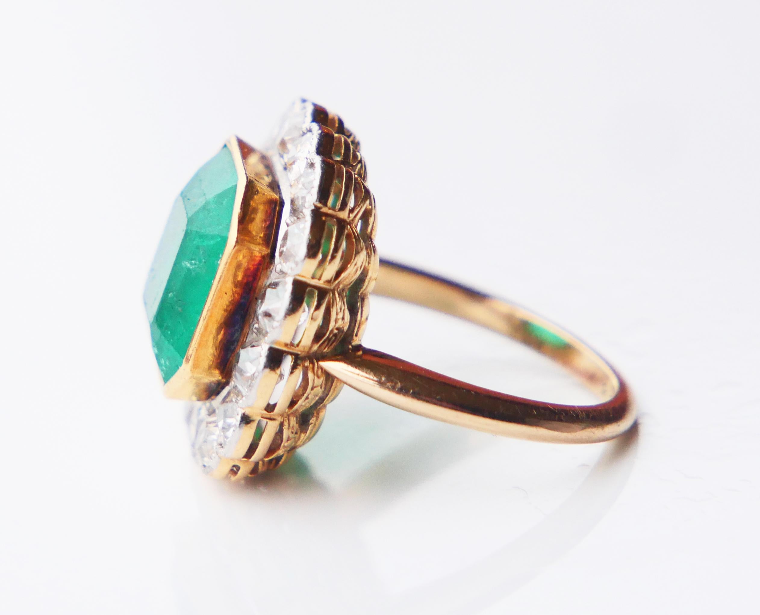 Antique Ring natural 10ct Emerald 1.28 ctw Diamonds solid 18K Gold ØUS4 / 6.3gr For Sale 2