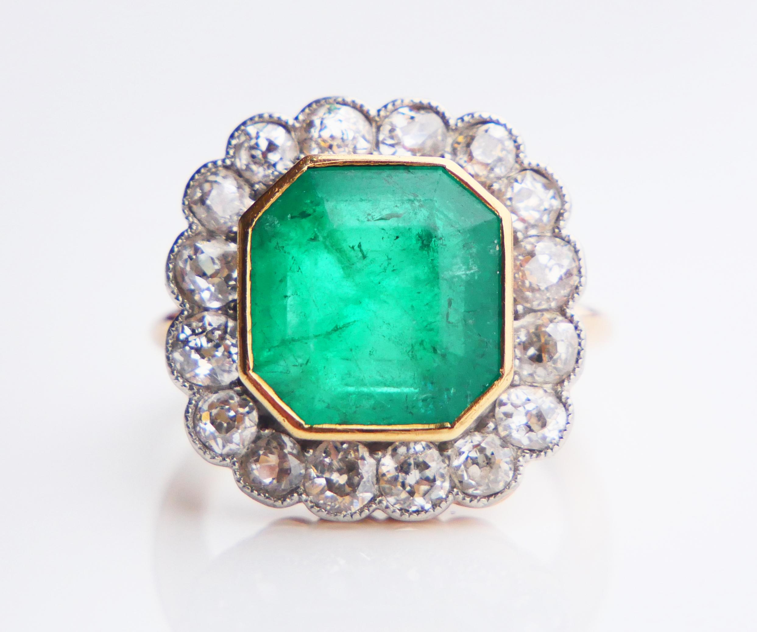 Antique Ring natural 10ct Emerald 1.28 ctw Diamonds solid 18K Gold ØUS4 / 6.3gr For Sale 3
