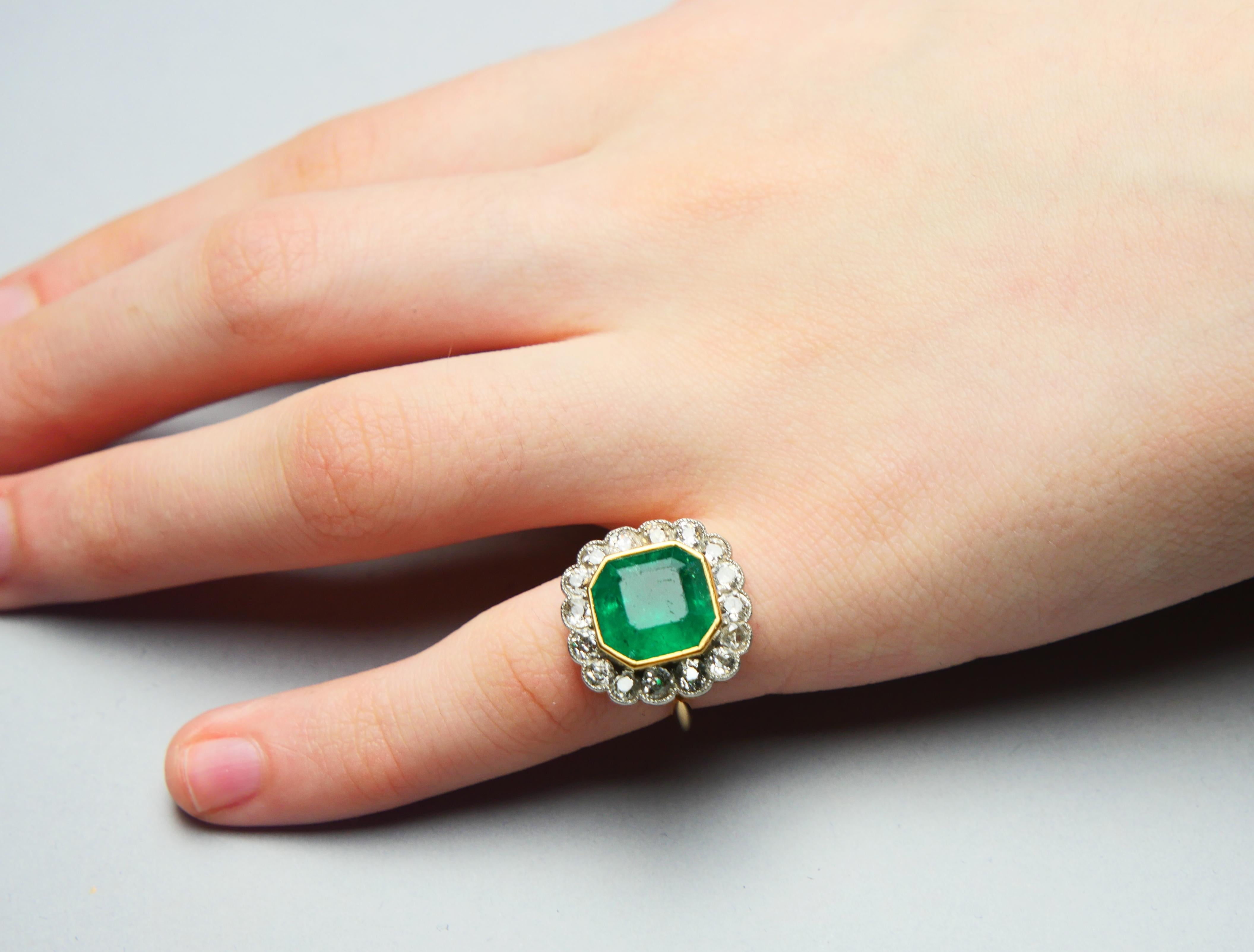 Antique Ring natural 10ct Emerald 1.28 ctw Diamonds solid 18K Gold ØUS4 / 6.3gr For Sale 4
