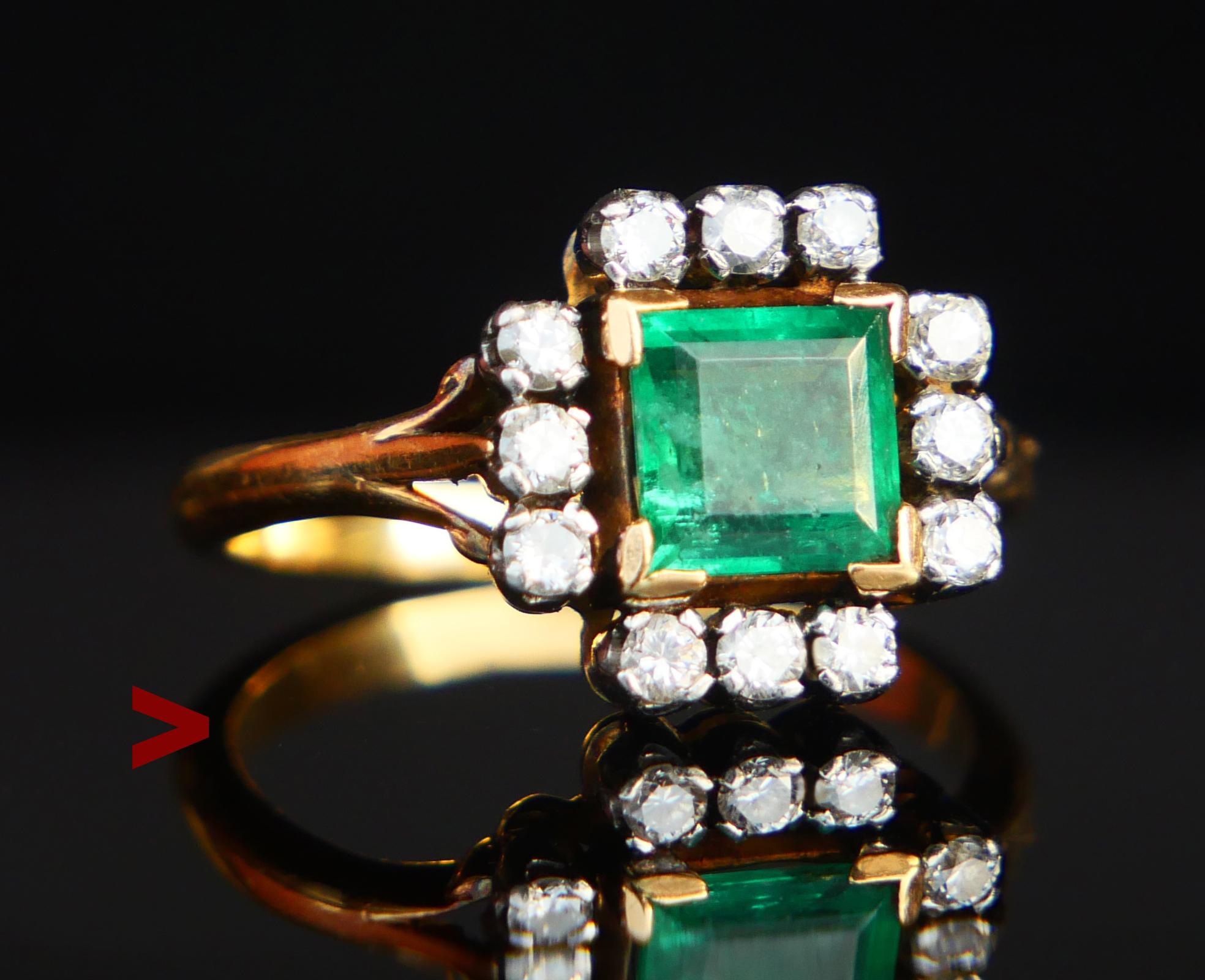 Emerald and Diamonds Ring with parts in solid 18K Yellow Gold and Platinum. Band hallmarked 18ct, Plat. Likely German, hand -made  ca. 1930s - 1950s. 

Bezel set natural square cut Emerald stone of deep Green color 5.75 mm x 5.75 mm x 2.75mm deep  /