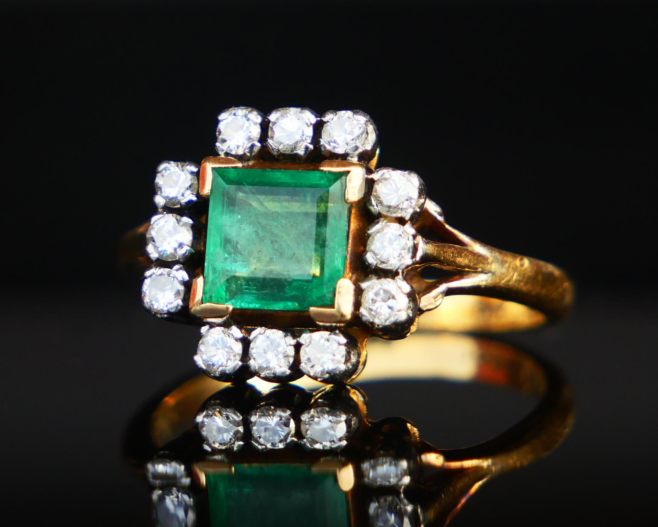 Emerald Cut Antique Ring natural 1.25ct Emerald 0.45ctw Diamonds solid 18K Gold ØUS6/ 4.25gr For Sale