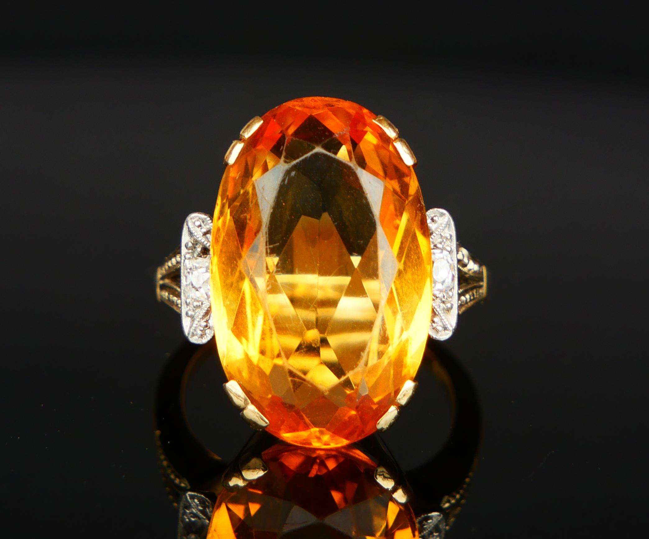 Art Deco Antique Ring natural 12ct Citrine Diamonds solid 14K Gold Ø US 7.25 / 7.5gr For Sale