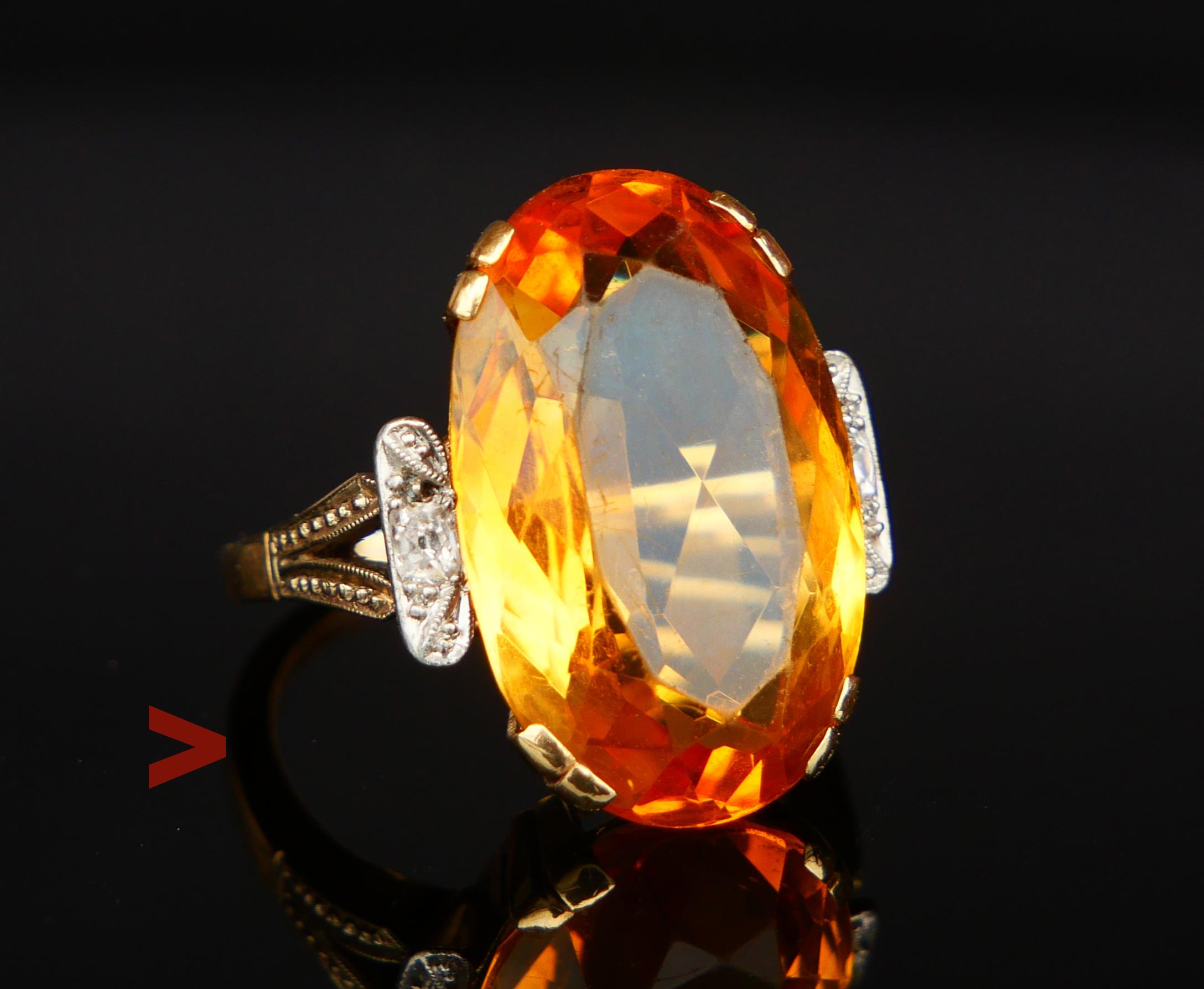 Emerald Cut Antique Ring natural 12ct Citrine Diamonds solid 14K Gold Ø US 7.25 / 7.5gr For Sale