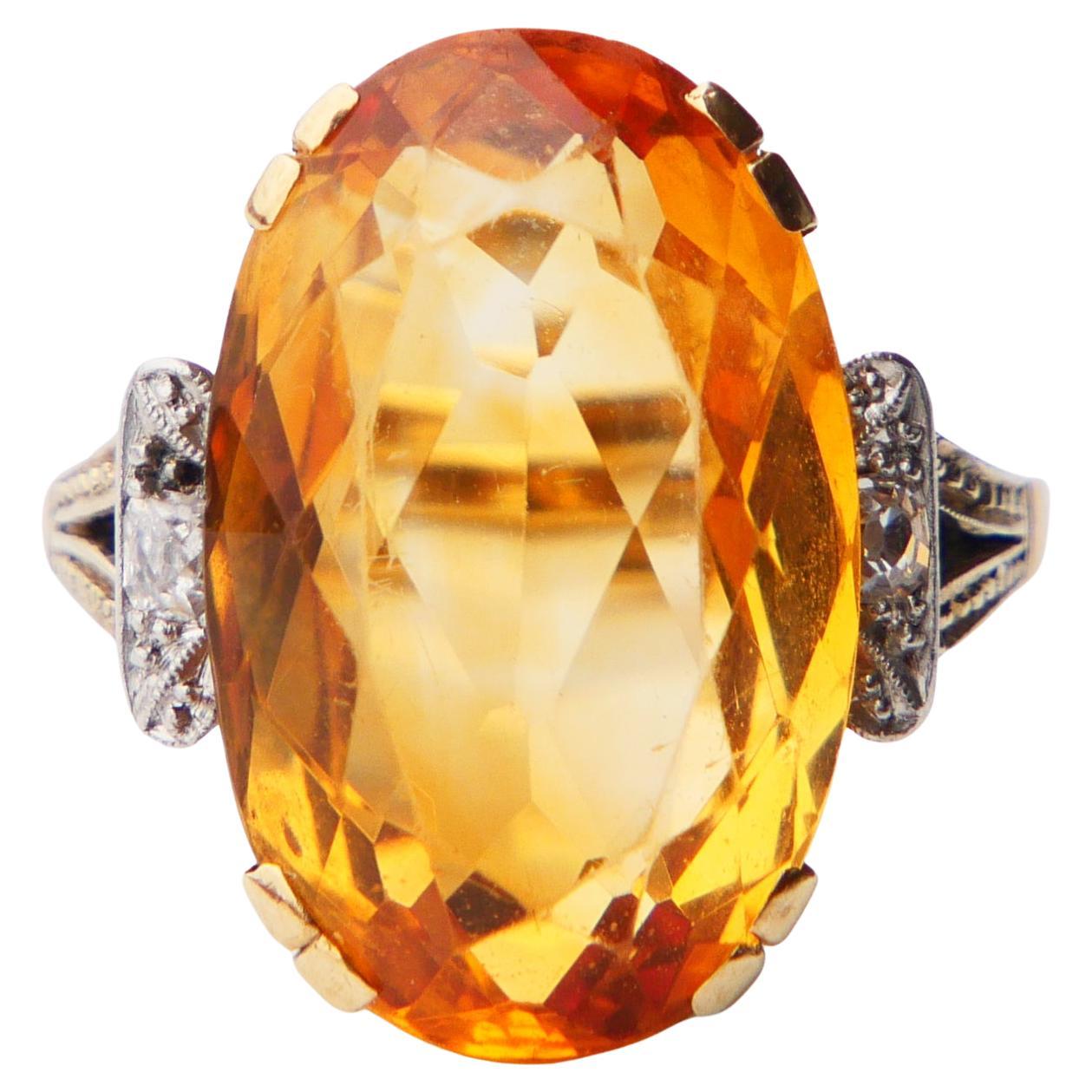 Anillo Antiguo natural 12ct Citrino Diamantes macizo Oro 14K Ø US 7.25 / 7.5gr