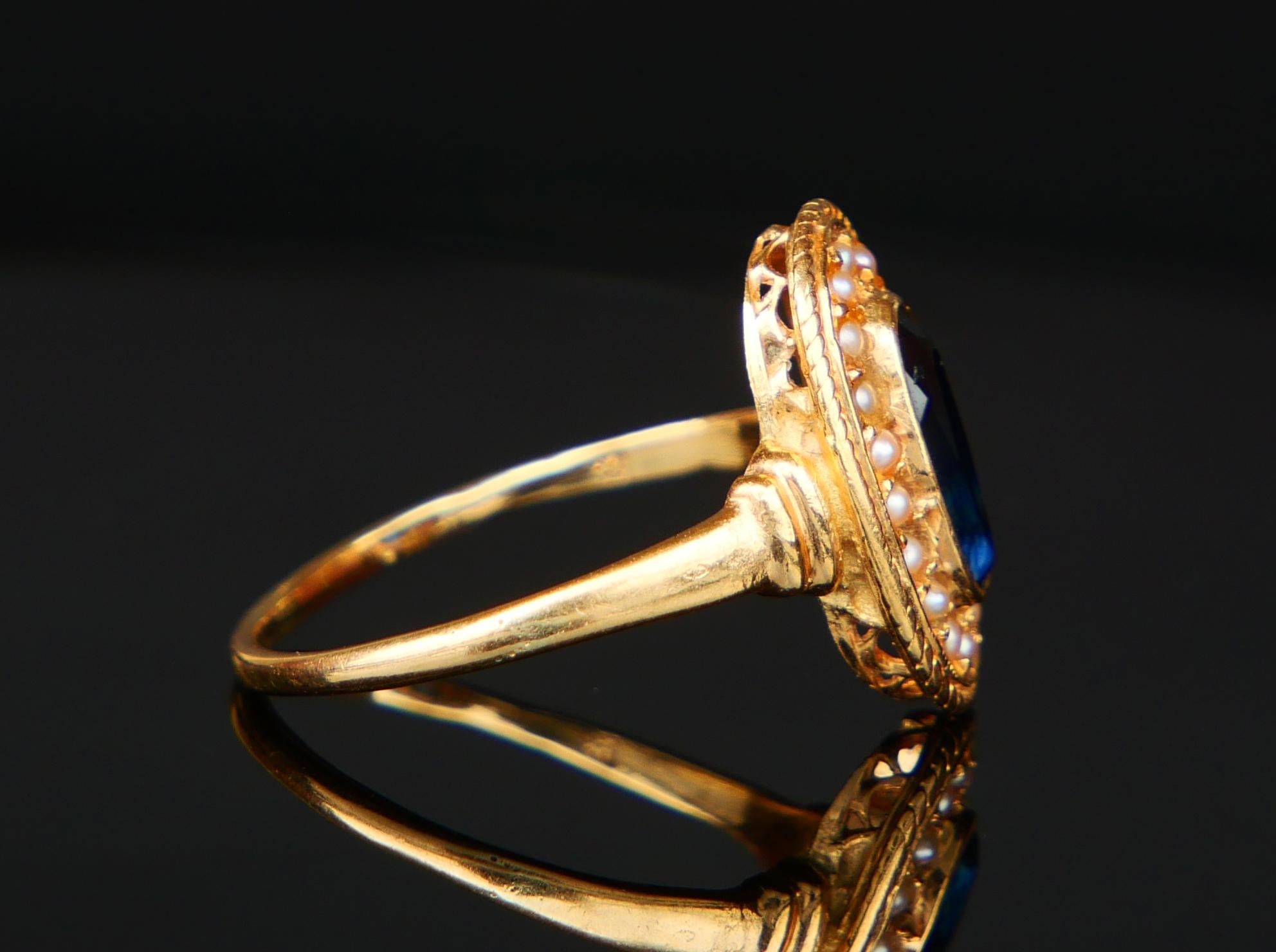 Antique Ring natural 1.2ct. Sapphire Seed Pearls solid 18K Gold Ø6.25US/ 2.8gr in vendita 5