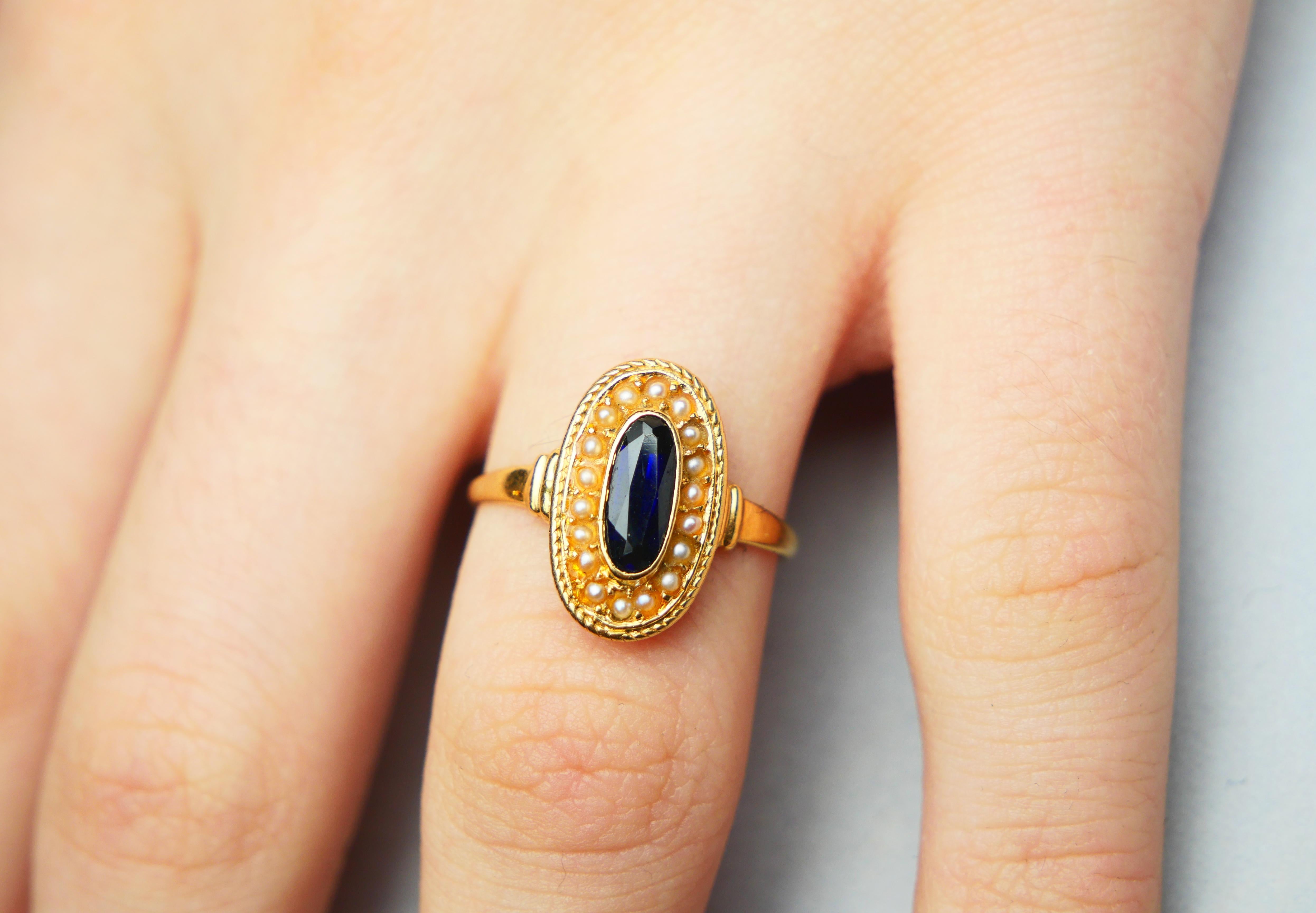 Antique Ring natural 1.2ct. Sapphire Seed Pearls solid 18K Gold Ø6.25US/ 2.8gr en venta 5