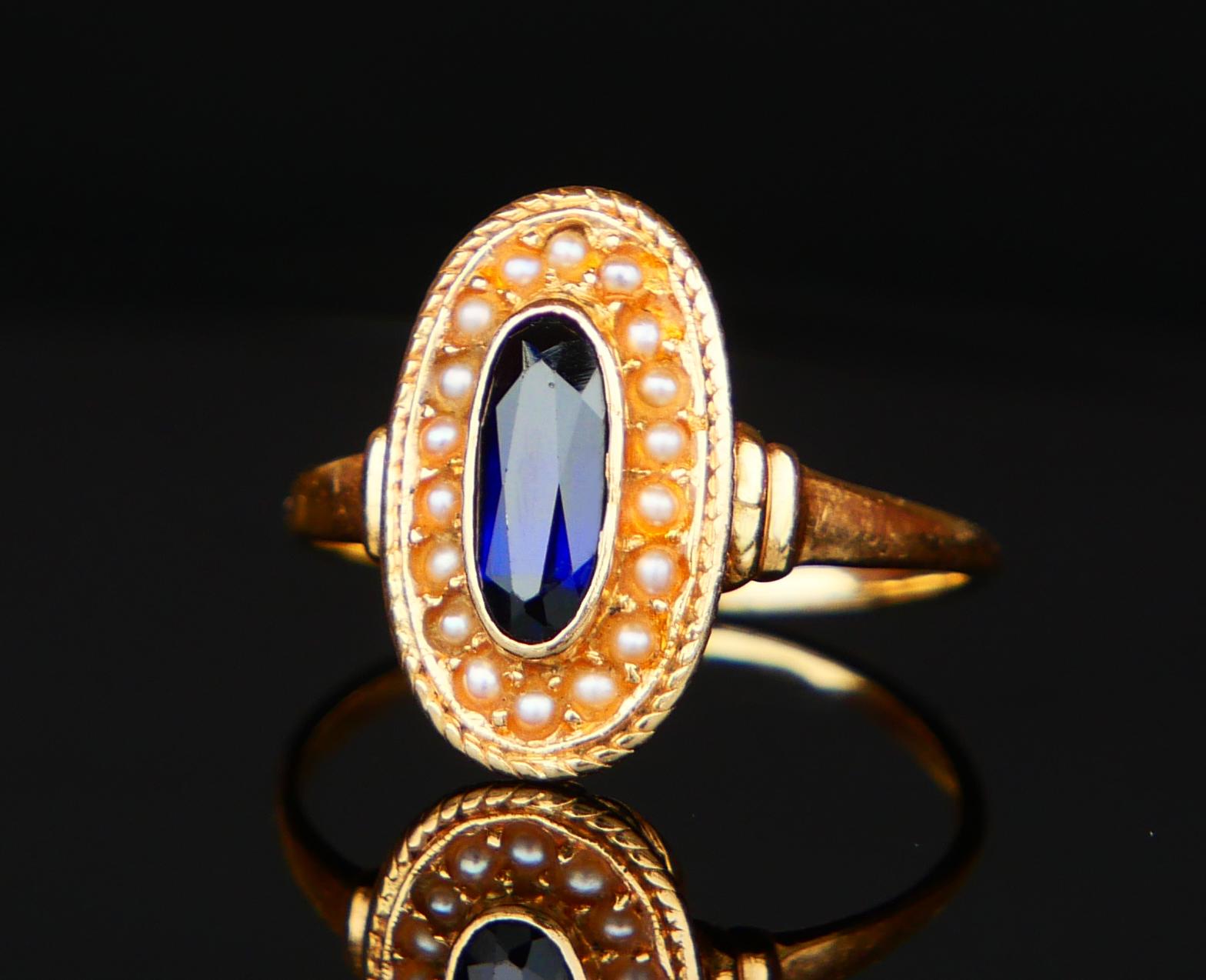 Antique Ring natural 1.2ct. Sapphire Seed Pearls solid 18K Gold Ø6.25US/ 2.8gr in vendita 6