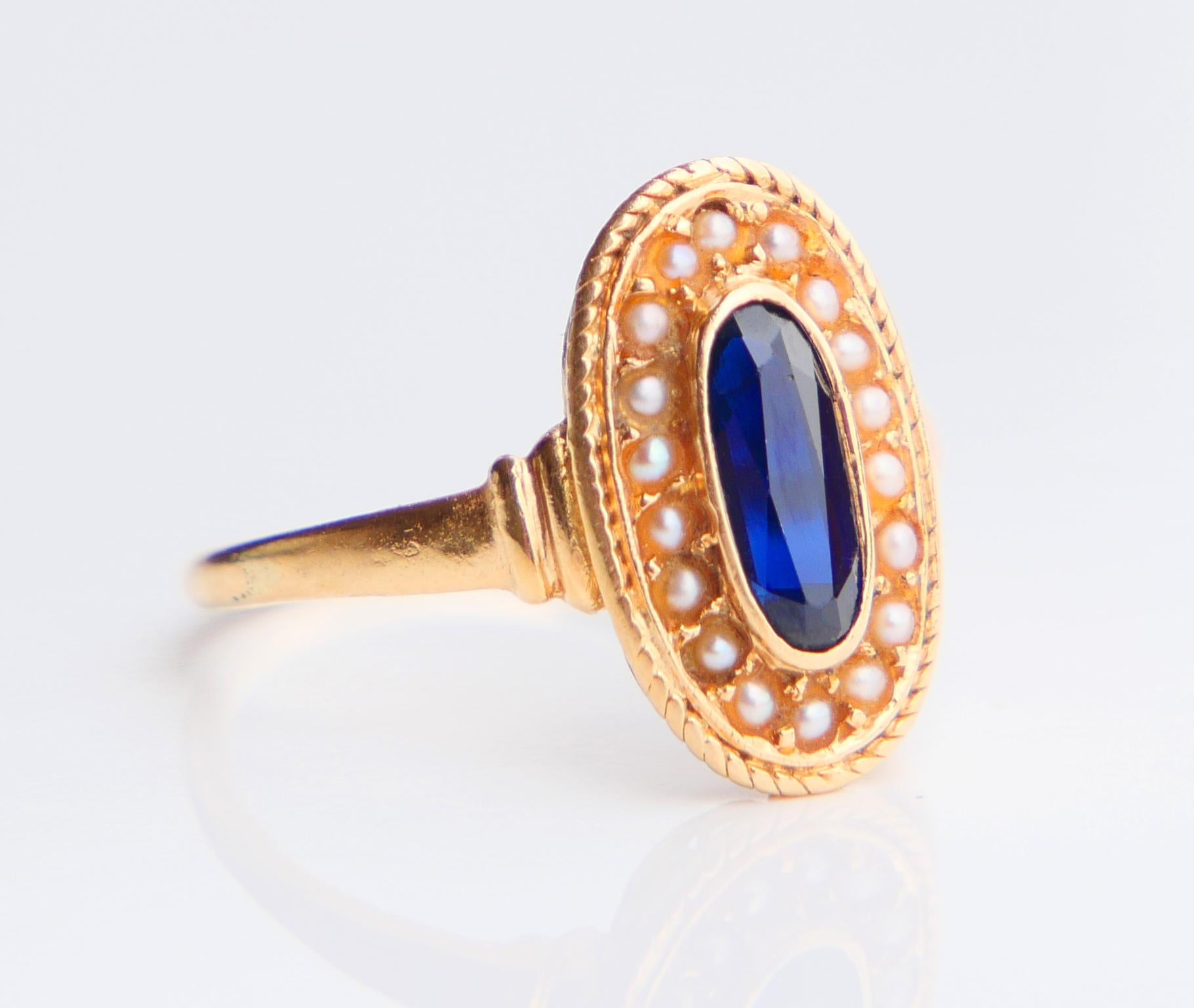 Beautiful old Ring in solid 18K Yellow Gold with natural  Blue Sapphire and 18  natural Seed Pearls settings.

Fragmented hallmarks, 18K, lokely Swedish or German ring, hand -made ca. 1920s -1930s.

Crown: 15.3mm x 9.3mm x 5mm in deep.

Natural
