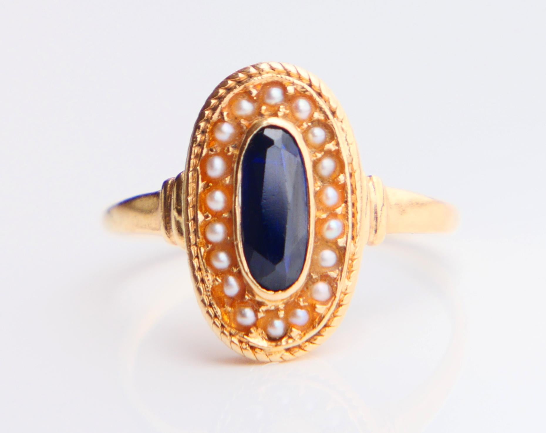 Art Déco Antique Ring natural 1.2ct. Sapphire Seed Pearls solid 18K Gold Ø6.25US/ 2.8gr in vendita