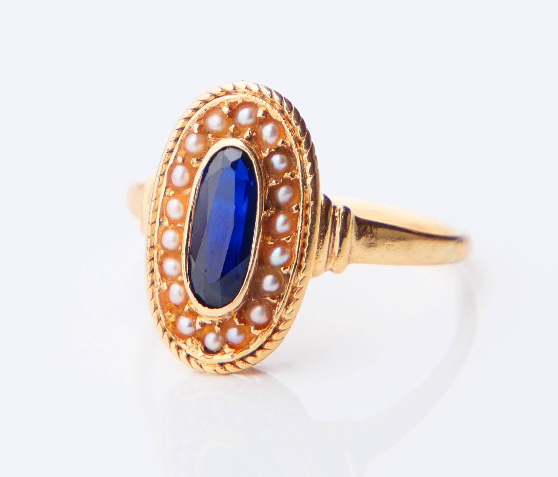 Antique Ring natural 1.2ct. Sapphire Seed Pearls solid 18K Gold Ø6.25US/ 2.8gr in vendita 1