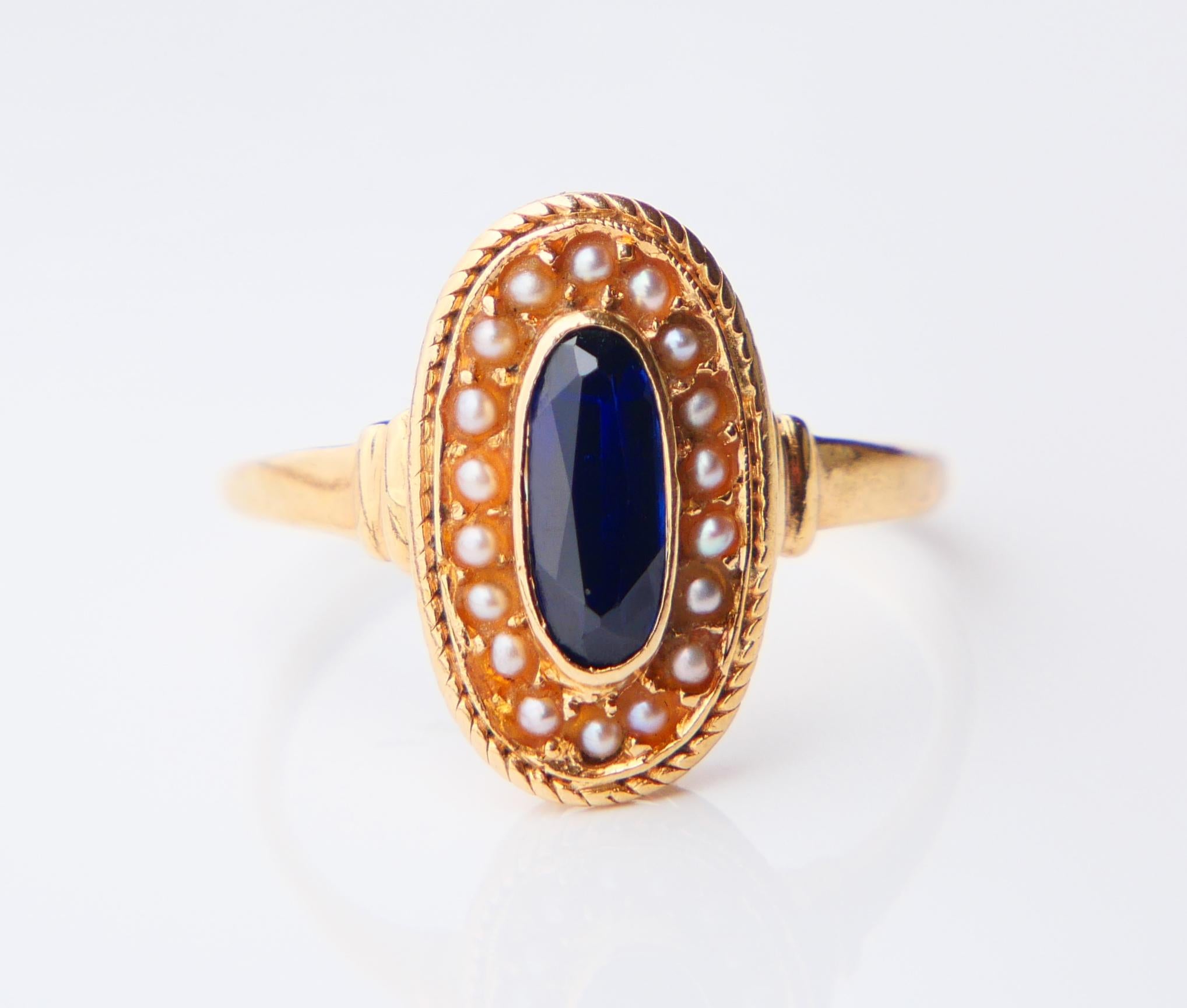 Antique Ring natural 1.2ct. Sapphire Seed Pearls solid 18K Gold Ø6.25US/ 2.8gr in vendita 2