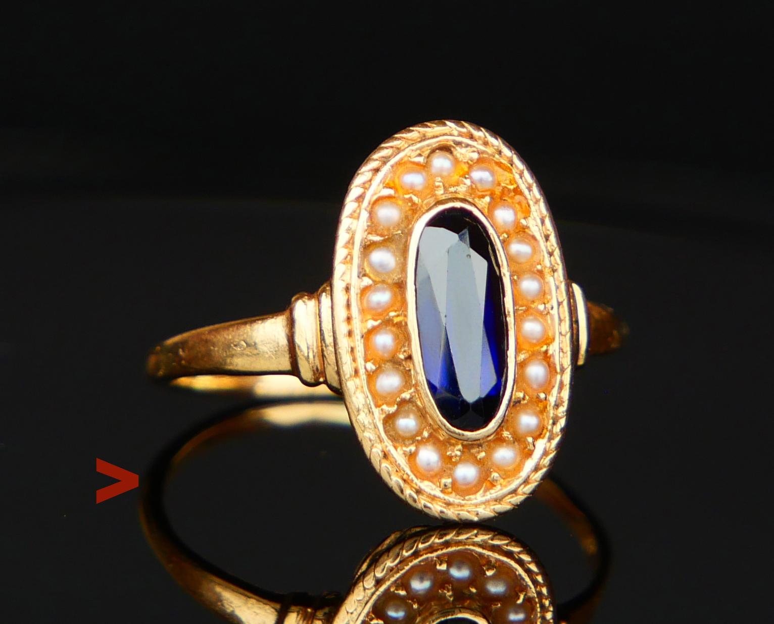 Antique Ring natural 1.2ct. Sapphire Seed Pearls solid 18K Gold Ø6.25US/ 2.8gr in vendita 3