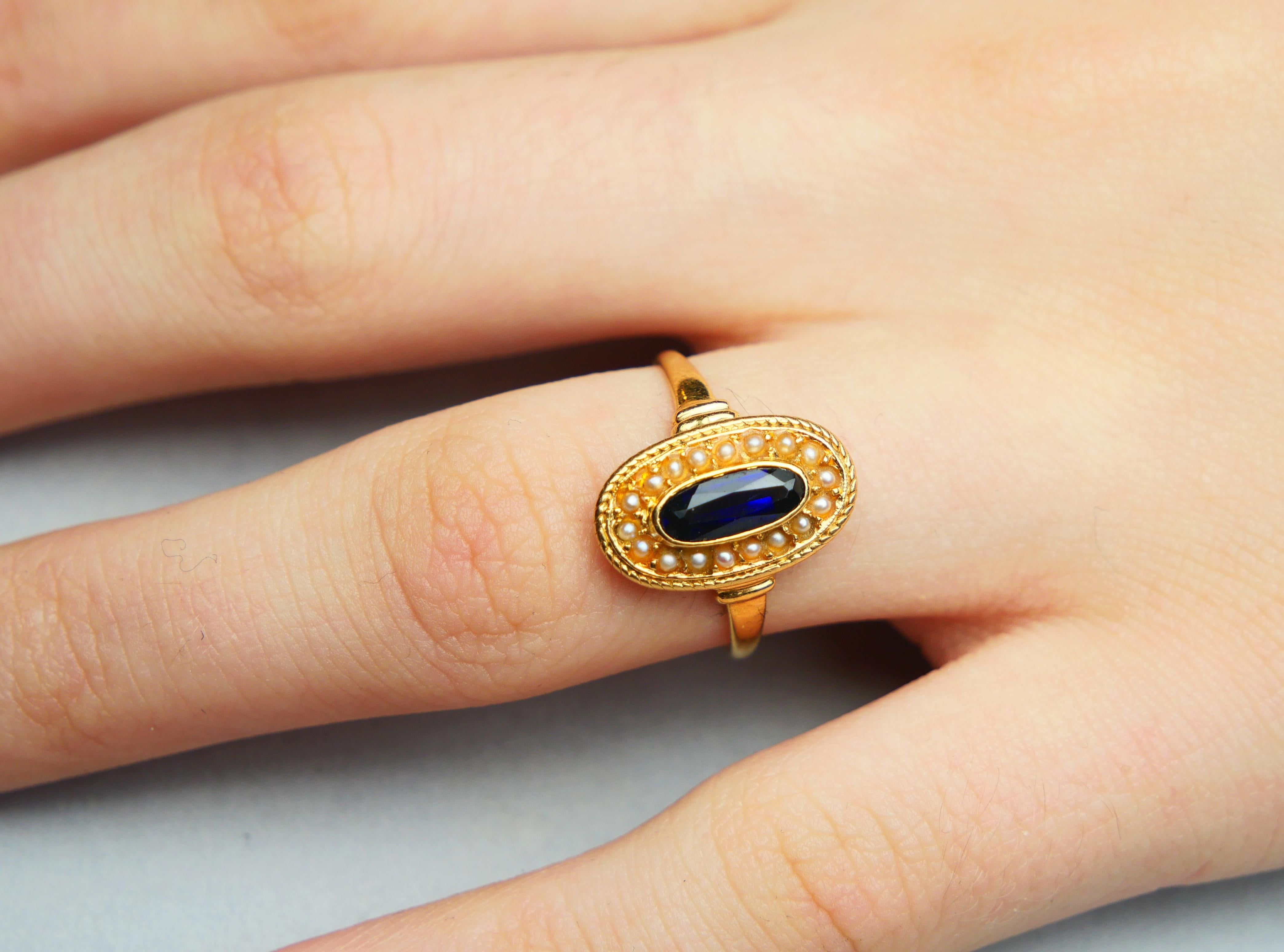 Antique Ring natural 1.2ct. Sapphire Seed Pearls solid 18K Gold Ø6.25US/ 2.8gr en venta 3