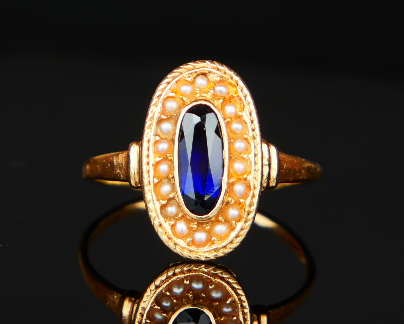 Antique Ring natural 1.2ct. Sapphire Seed Pearls solid 18K Gold Ø6.25US/ 2.8gr in vendita 4