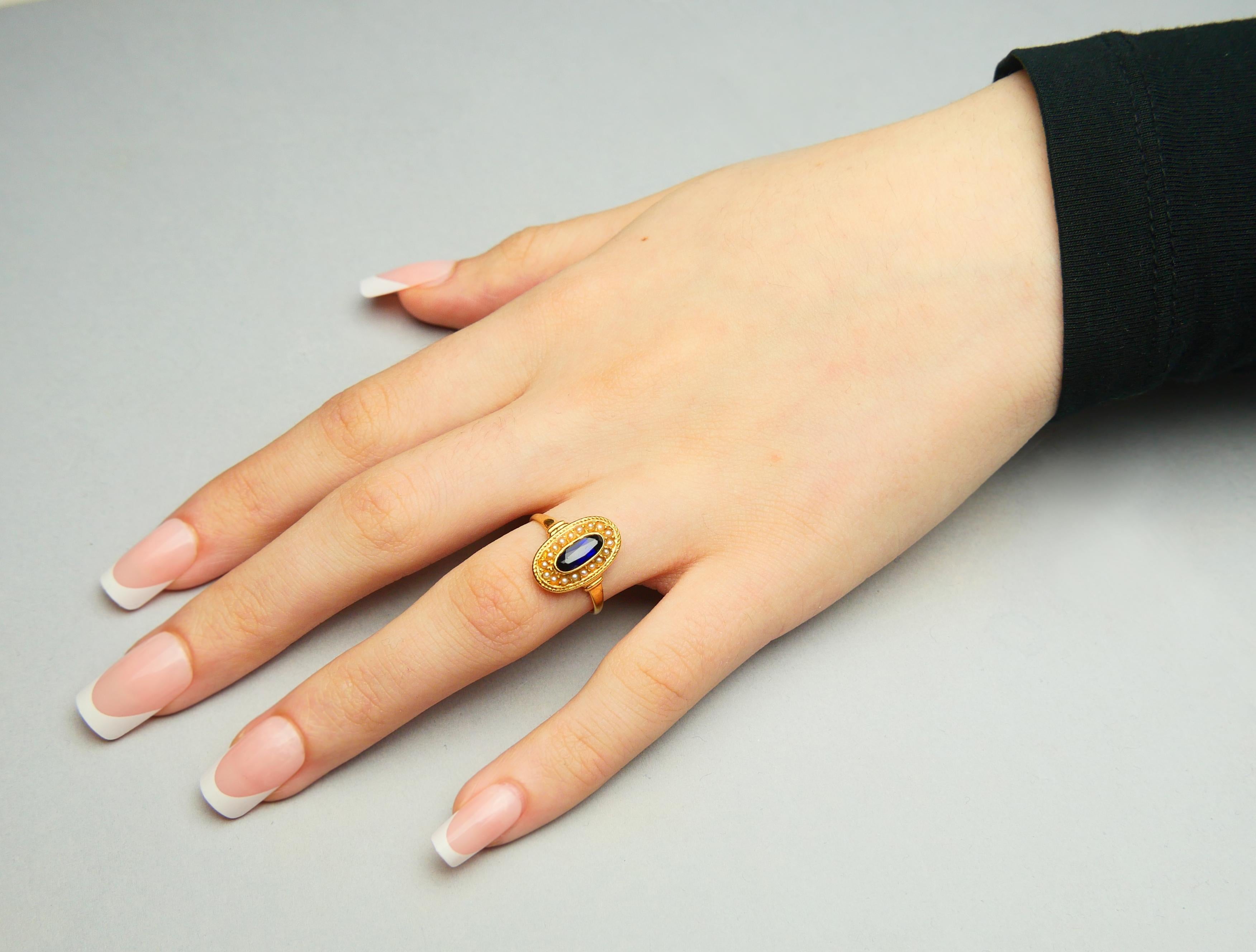 Antique Ring natural 1.2ct. Sapphire Seed Pearls solid 18K Gold Ø6.25US/ 2.8gr en venta 4