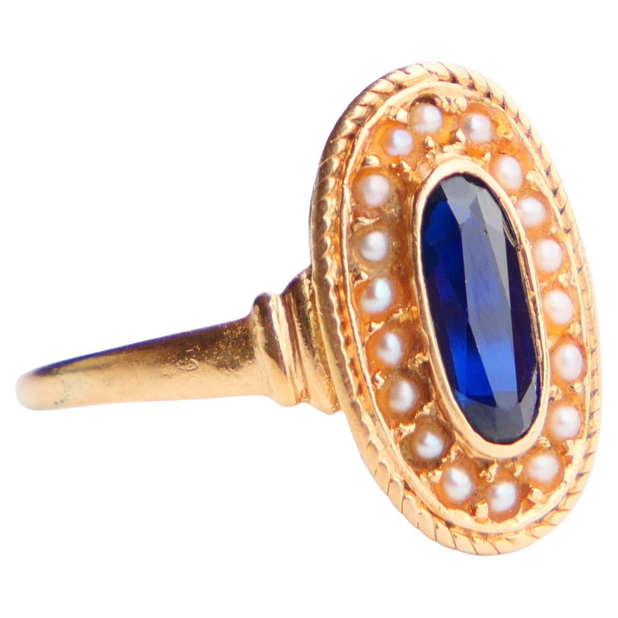 Antique Ring natural 1.2ct. Sapphire Seed Pearls solid 18K Gold Ø6.25US/ 2.8gr