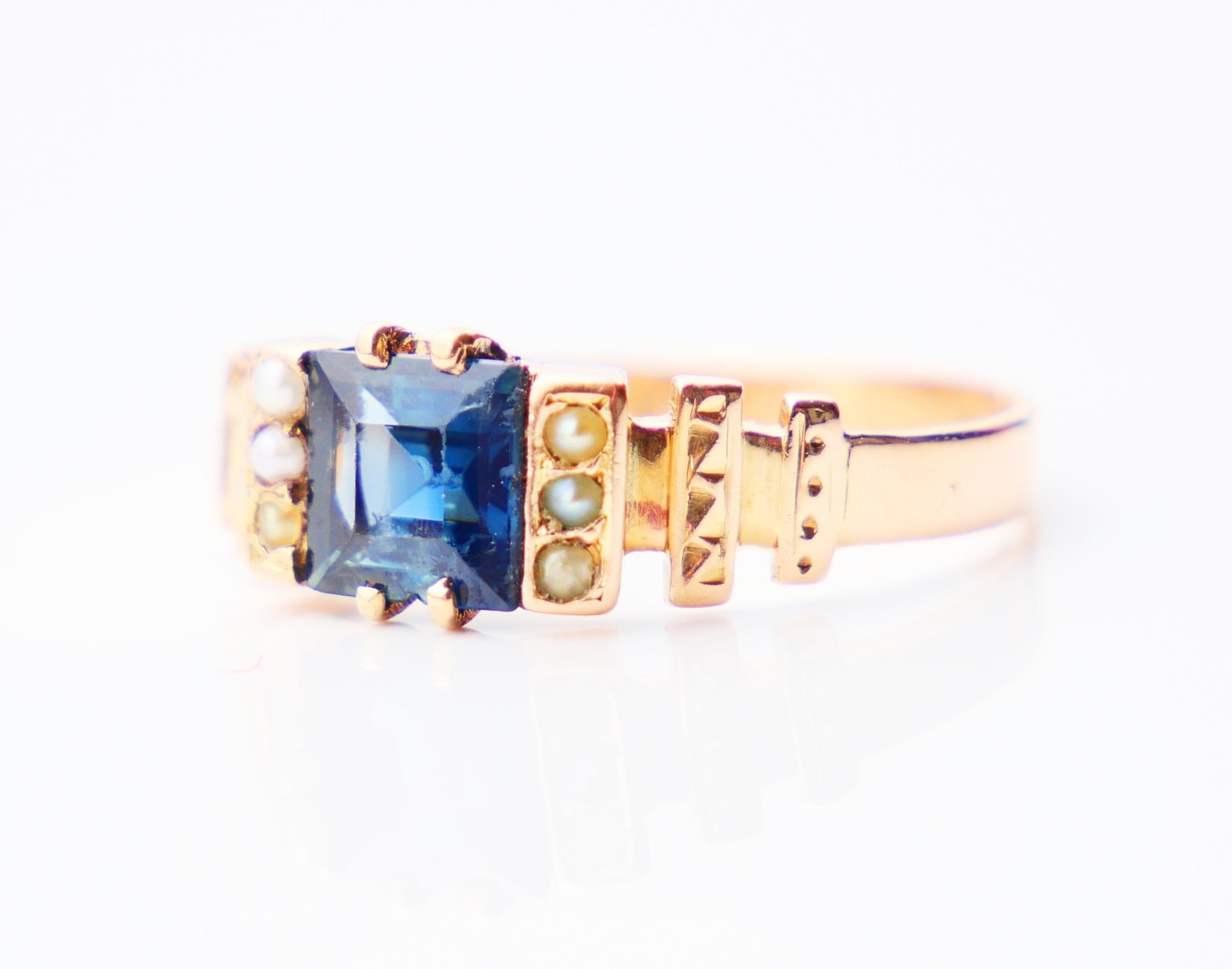 Antiker Ring, natürlich 1,3 Karat. Saphir-Saatperlen massiv 18K Gold Ø4.75US/ 1.8gr (Art déco) im Angebot