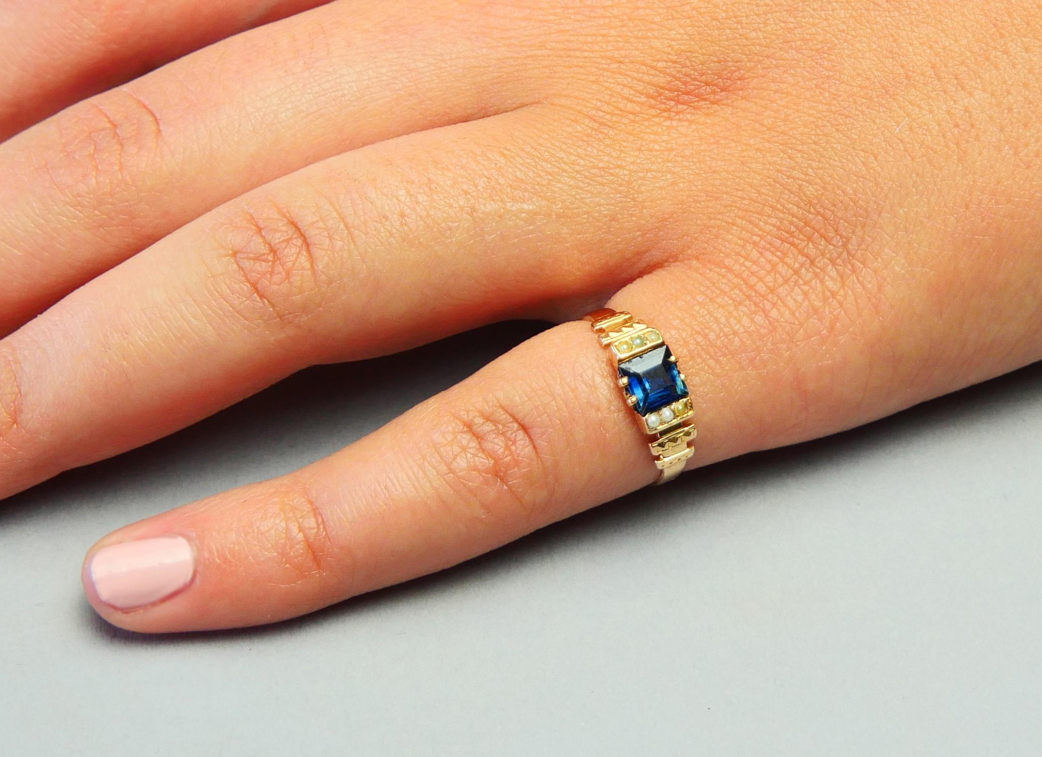 Antiker Ring, natürlich 1,3 Karat. Saphir-Saatperlen massiv 18K Gold Ø4.75US/ 1.8gr im Angebot 3