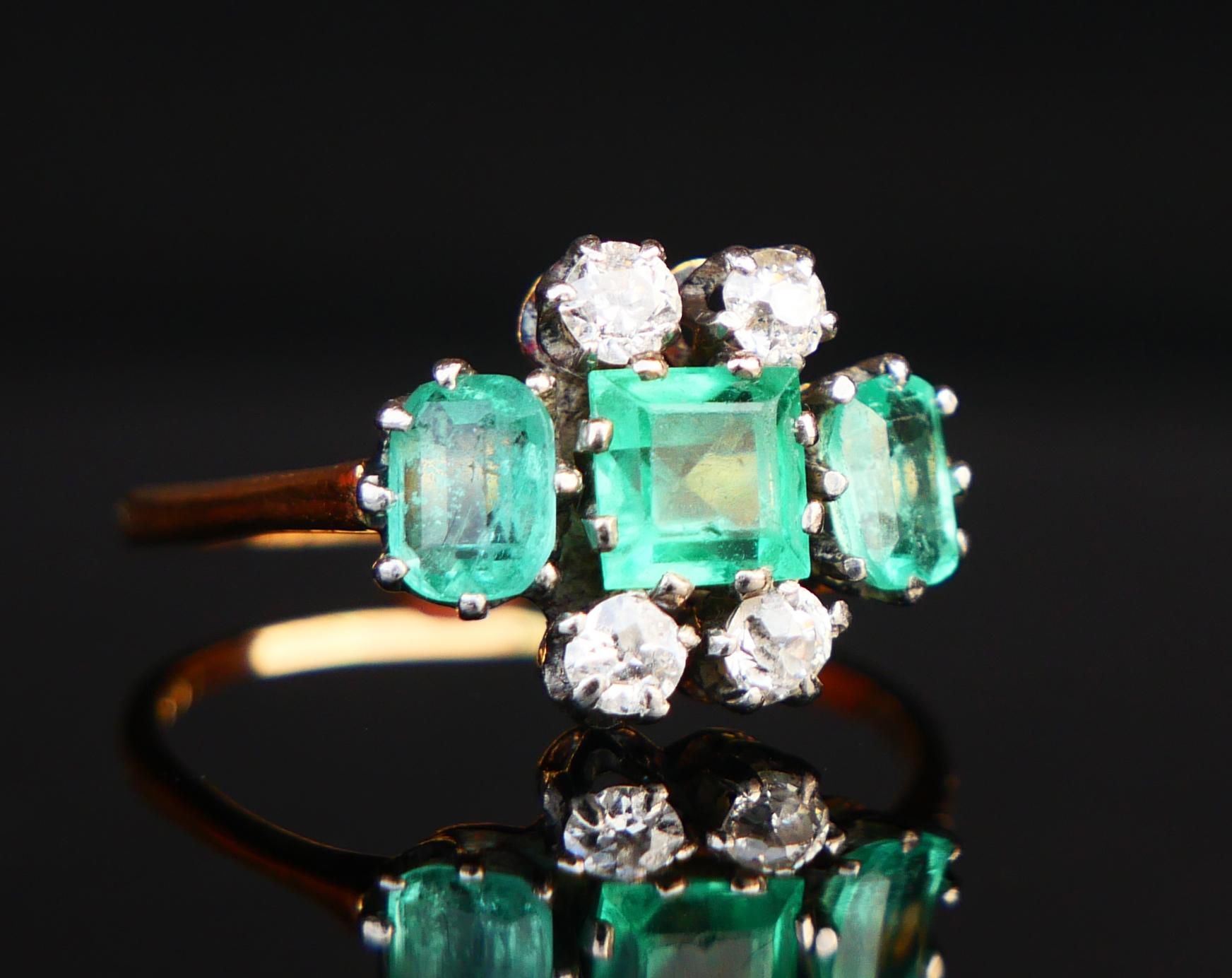 Retro Antique Ring natural 1.75ctw Emeralds 0.44ctw Diamonds solid 18K Gold Platinum Ø For Sale