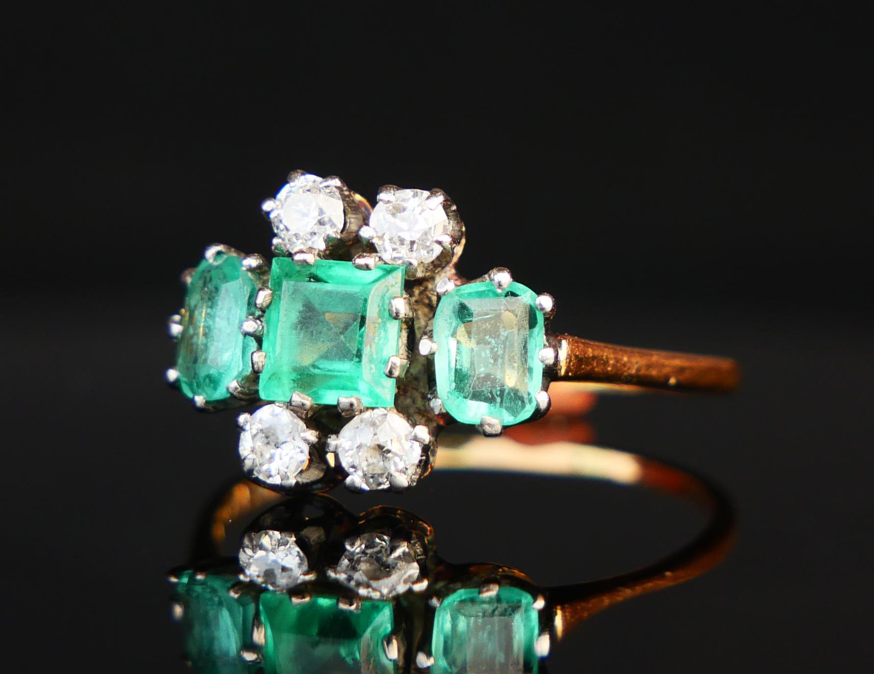 Old European Cut Antique Ring natural 1.75ctw Emeralds 0.44ctw Diamonds solid 18K Gold Platinum Ø For Sale