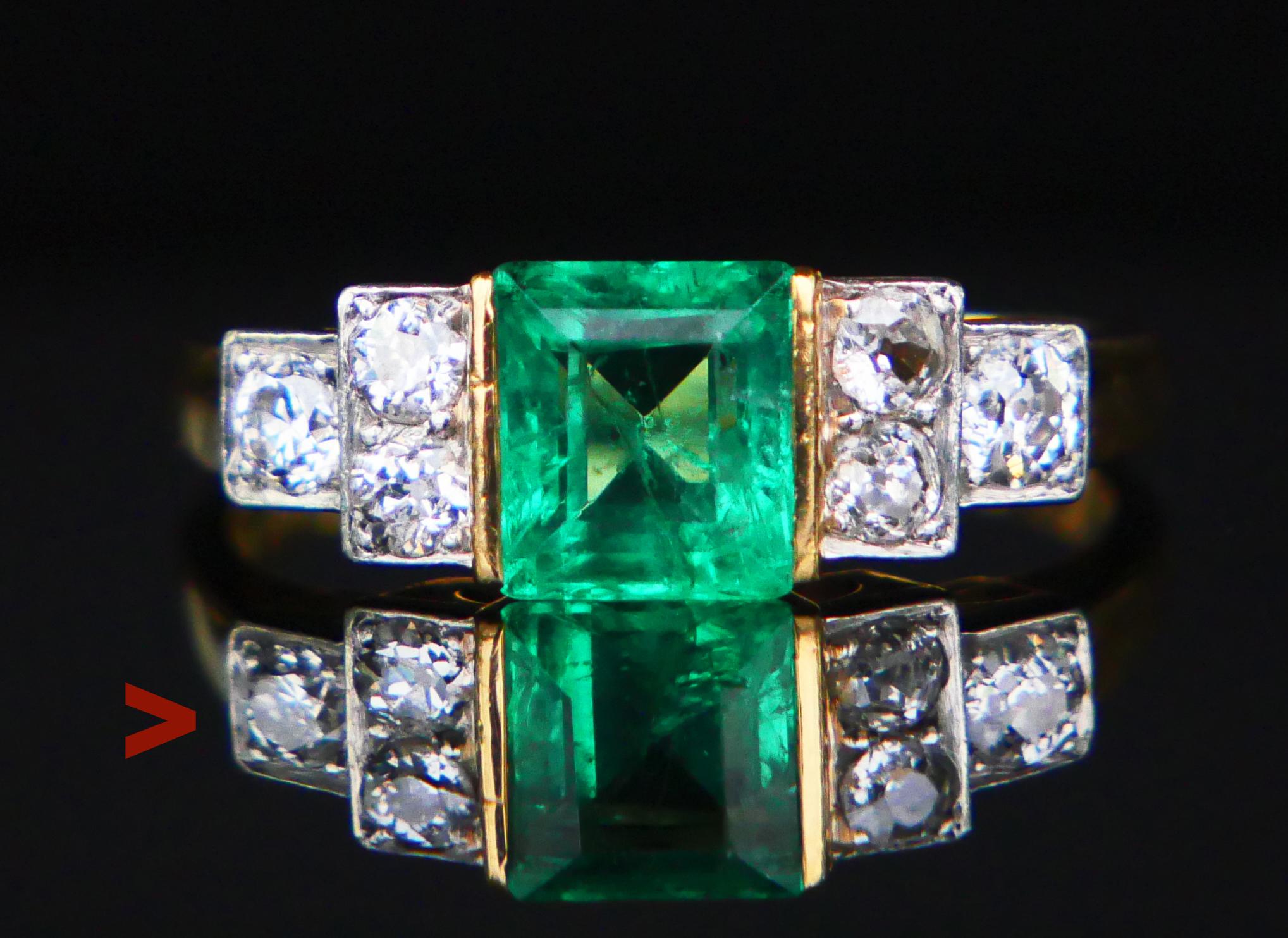 Emerald and Diamonds Ring with parts in solid 18K Yellow Gold and Platinum. Swedish hallmarks 18K,  maker is H.Stromdal, Stockholm. Year marks not clear, likely K8 / 1936 or M8 / 1938. 

Bezel set natural square cut Emerald stone of deep Green color