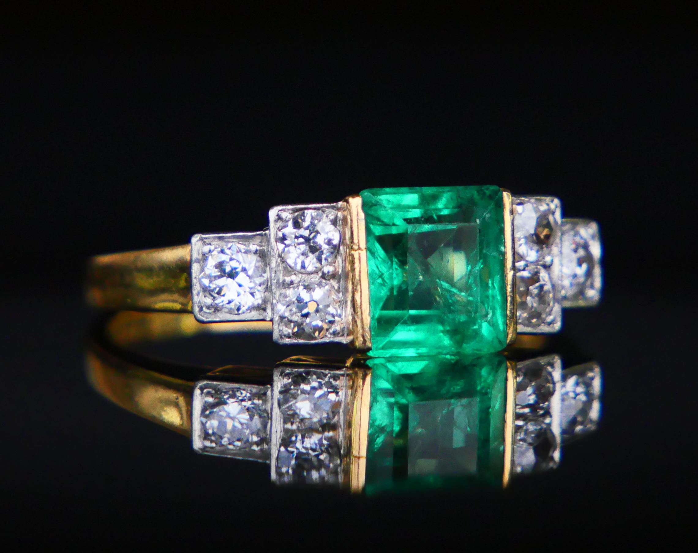 Art Deco Antique Ring natural 1.7ct Emerald 0.7ctw Diamonds solid 18K Gold ØUS7.75/ 4.6gr For Sale
