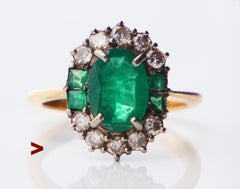 Bague ancienne naturelle 3 ctw. Emeraude 0.6ctw Diamants or massif 18K Ø US 6.75/ 5gr
