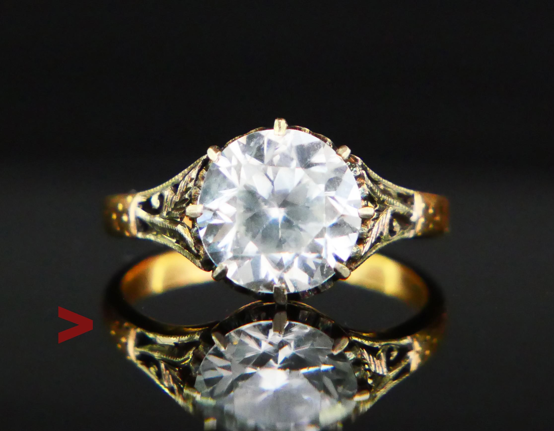Old German Ring ,band in solid 18K Yellow Gold band with openwork crown in 18K White Gold decorated with natural old diamond cut Colorless or White Zircon Ø 9 mm x 5.75 mm deep / ca. 4.1 ct . This stone is transparent, clear and very well cut.