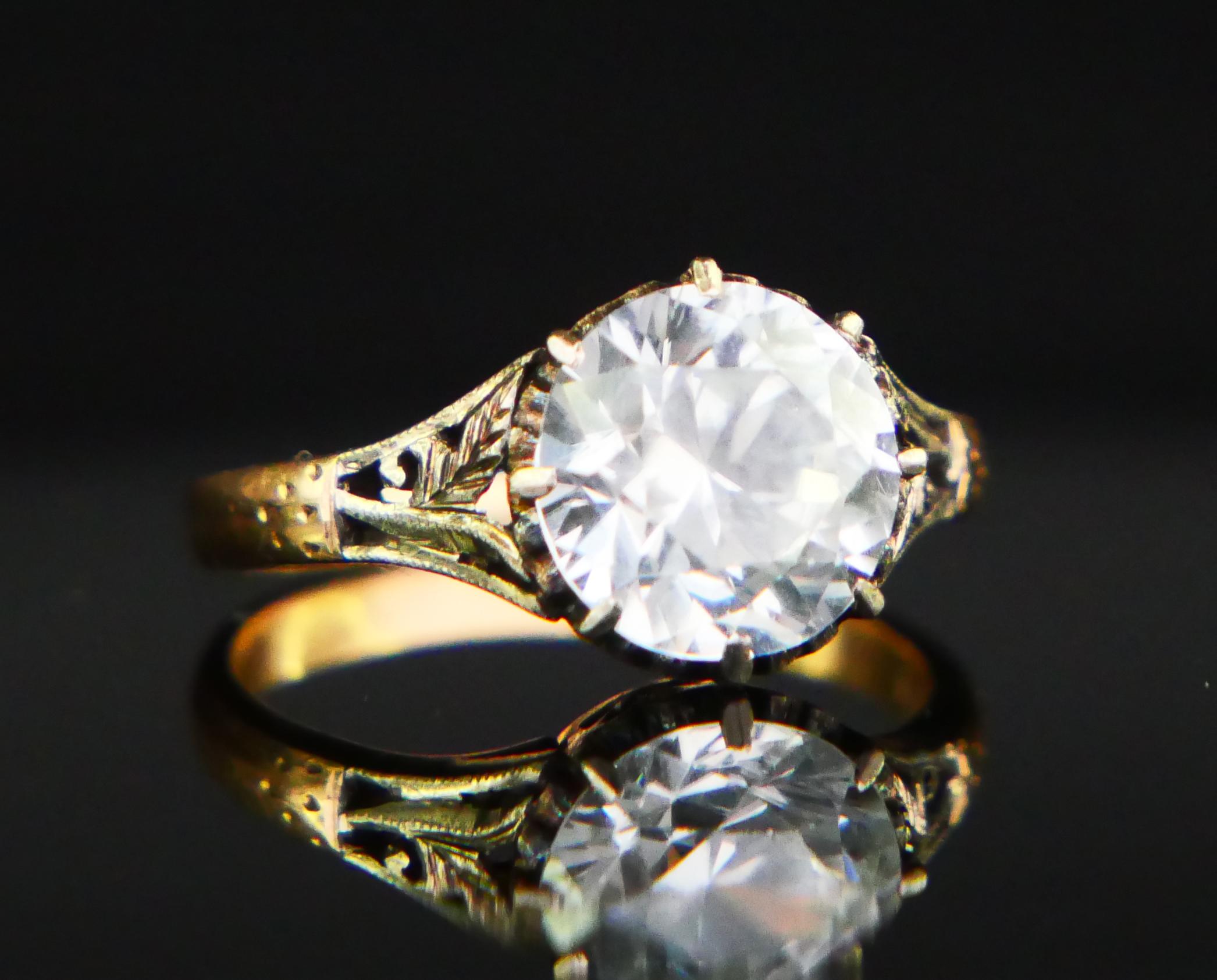 Old European Cut Antique Ring natural 4ct White Zircone solid 18K Gold ØUS6 / 3.4 gr