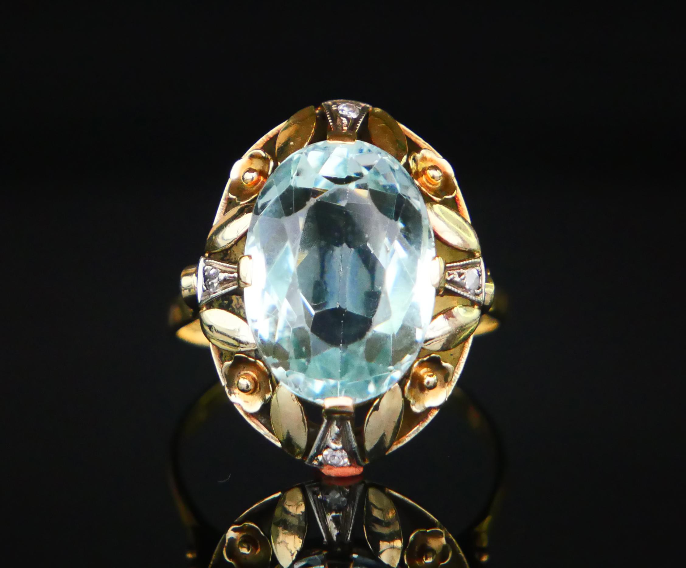Art Deco Antique Ring natural 6.5 ct Aquamarine Diamonds solid 14K Gold ØUS7.5/4.32g