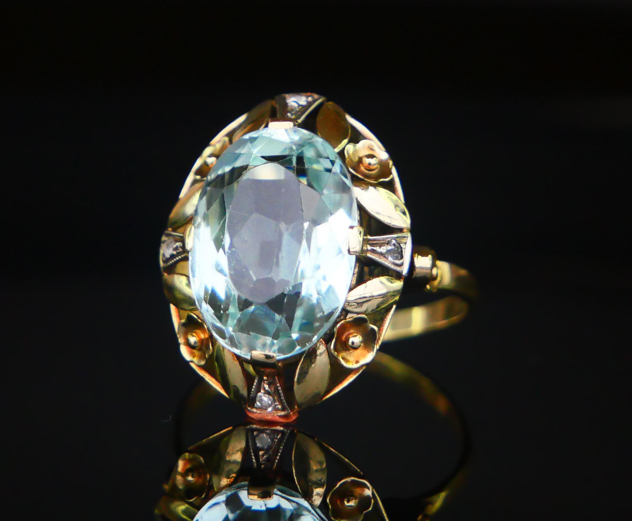 Oval Cut Antique Ring natural 6.5 ct Aquamarine Diamonds solid 14K Gold ØUS7.5/4.32g