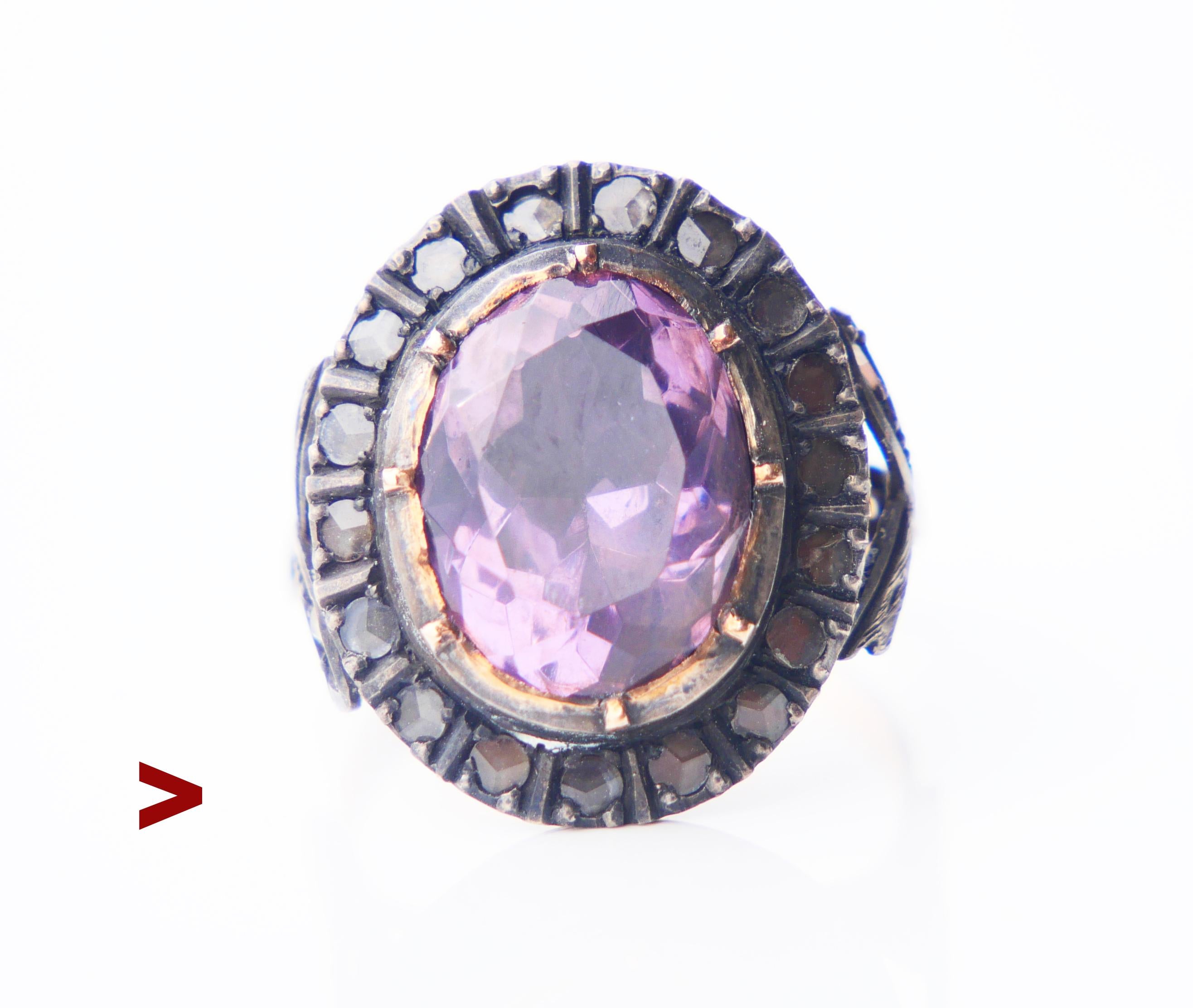 Antique Ring in solid 18K Rose Gold and Silver. European, no hallmarks (band and crown tested solid 18K) , hand - made ca. late 19th - early XX century. 

Crown 20 mm x 17mm x 8mm deep with oval diamond cut natural Amethyst 13 mm x 10 mm / ca.6ct 