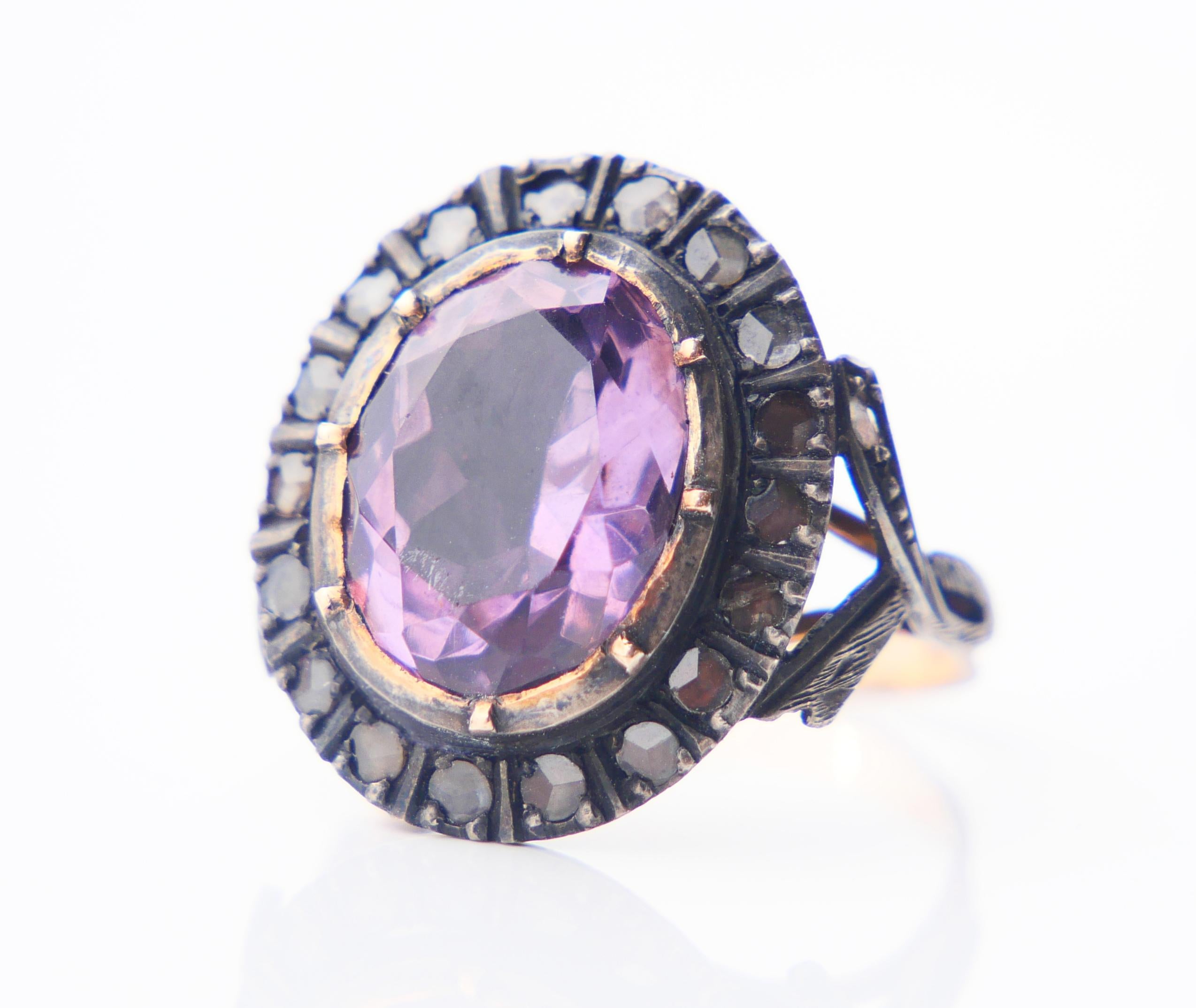 Arts and Crafts Antique Ring natural 6ct Amethyst 0.8ctw Diamonds solid 18K Gold Silver Ø6US/4gr For Sale