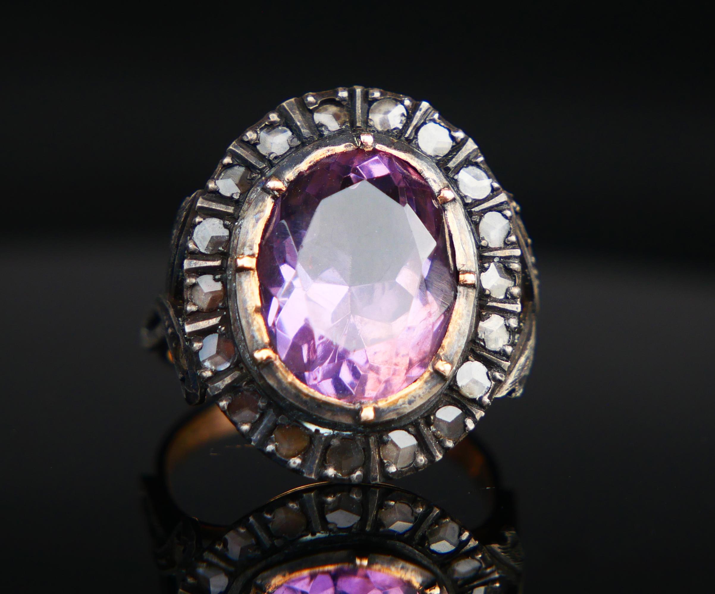 Antique Ring natural 6ct Amethyst 0.8ctw Diamonds solid 18K Gold Silver Ø6US/4gr For Sale 3