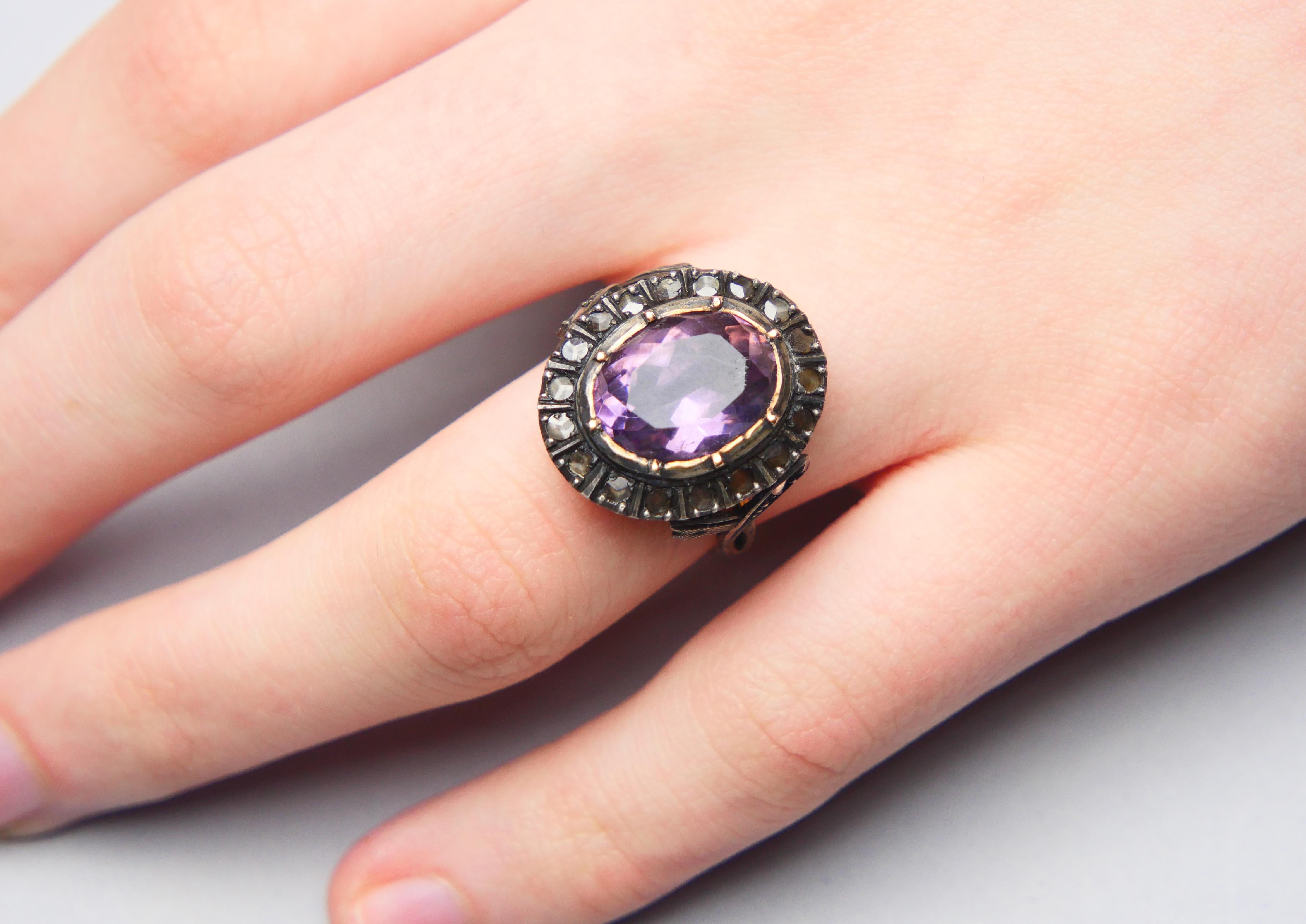 Women's Antique Ring natural 6ct Amethyst 0.8ctw Diamonds solid 18K Gold Silver Ø6US/4gr For Sale