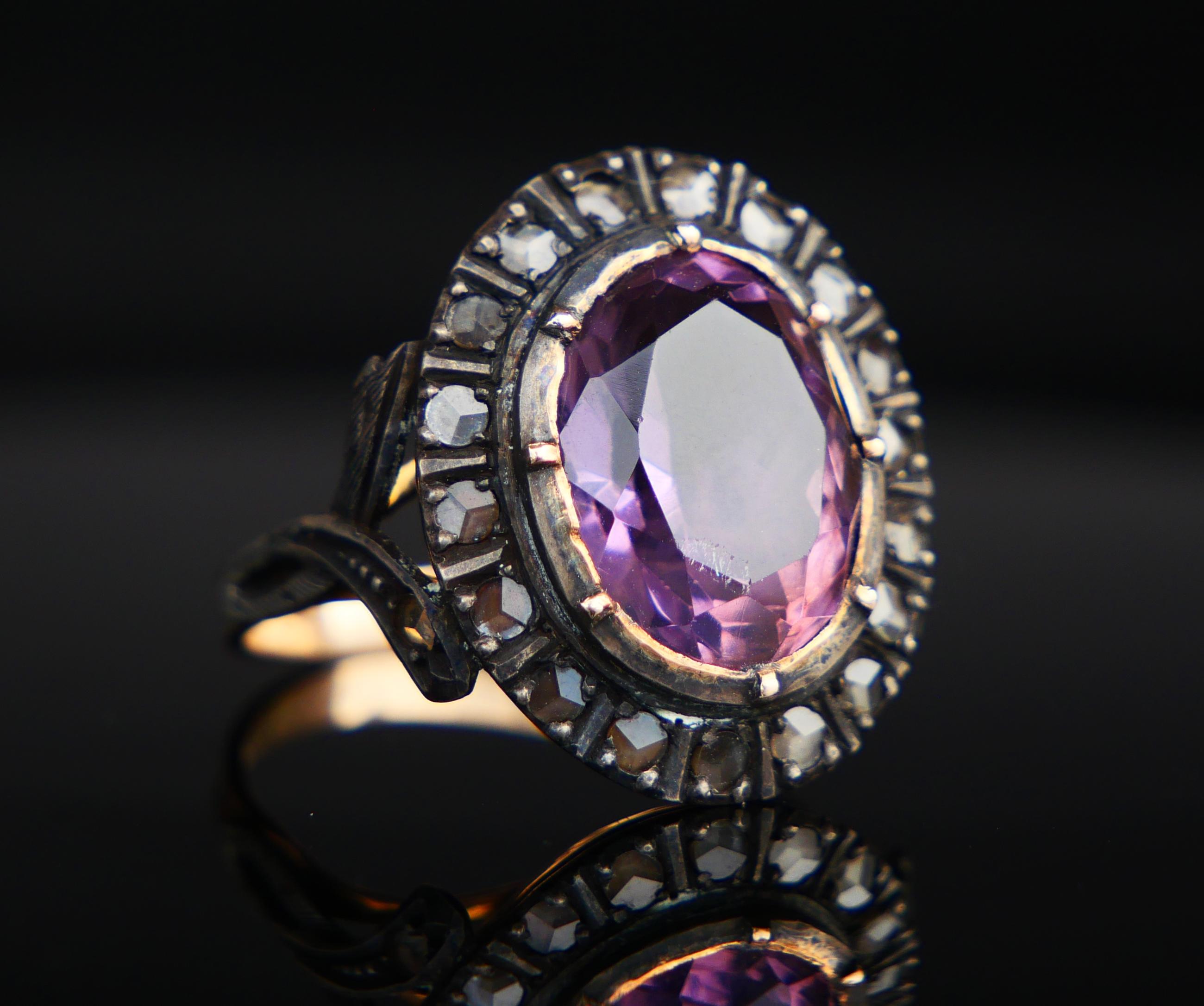 Antique Ring natural 6ct Amethyst 0.8ctw Diamonds solid 18K Gold Silver Ø6US/4gr For Sale 4