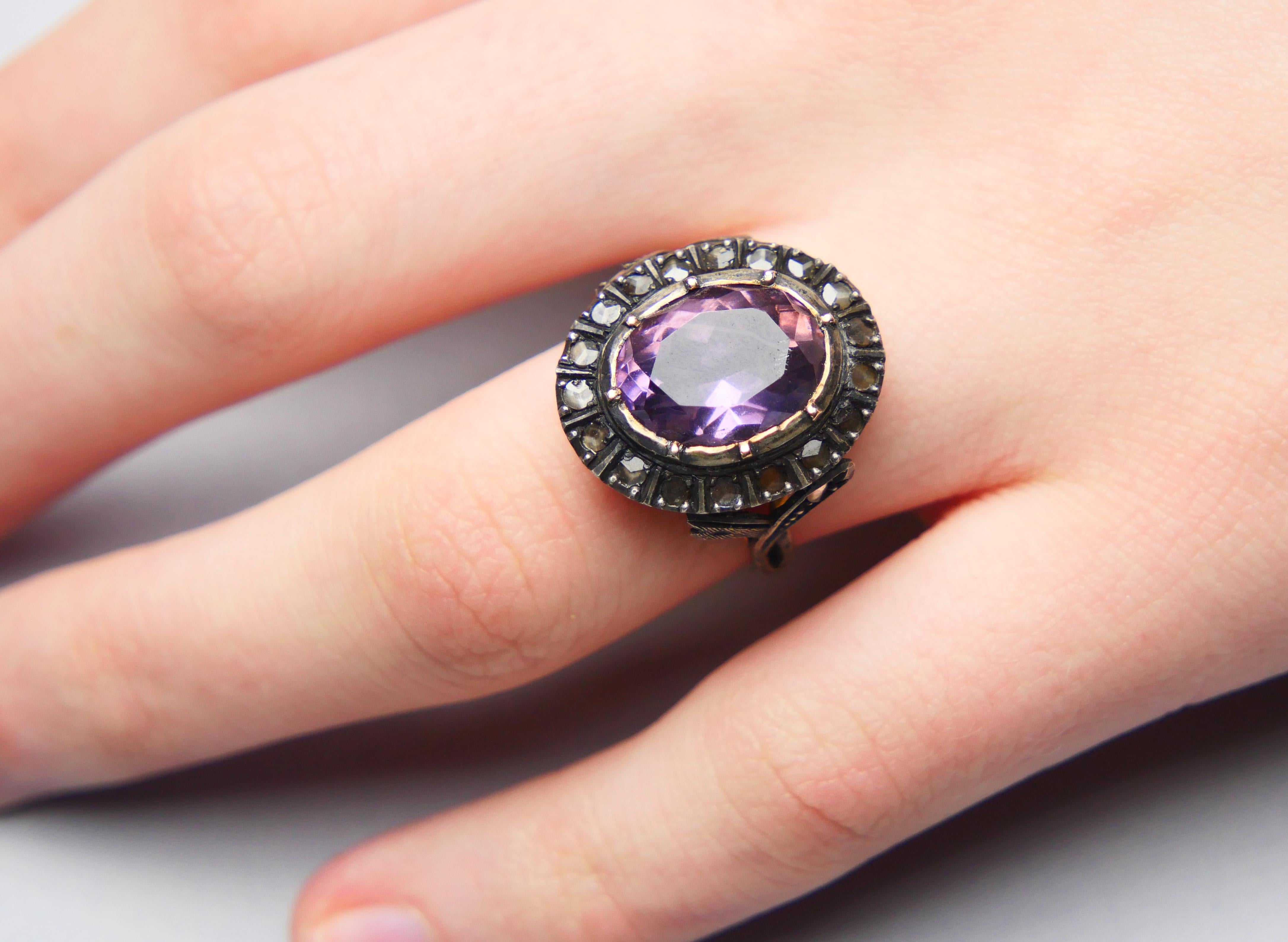 Antique Ring natural 6ct Amethyst 0.8ctw Diamonds solid 18K Gold Silver Ø6US/4gr For Sale 1