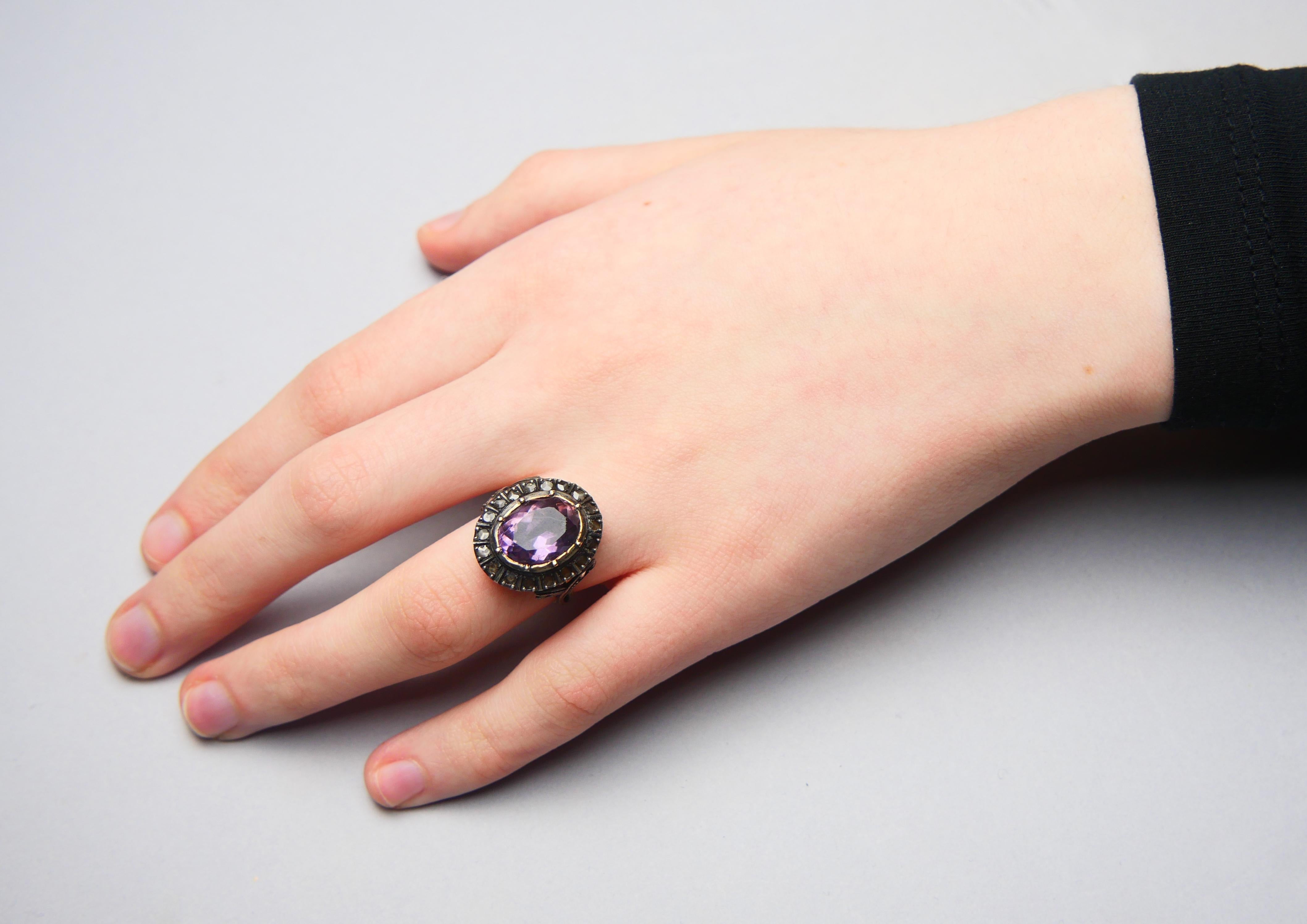 Antique Ring natural 6ct Amethyst 0.8ctw Diamonds solid 18K Gold Silver Ø6US/4gr For Sale 2